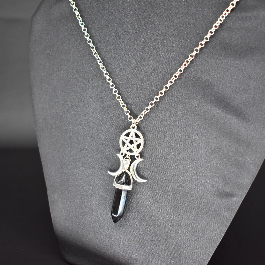 Pentagram Moon Goddess Obsidian Necklace