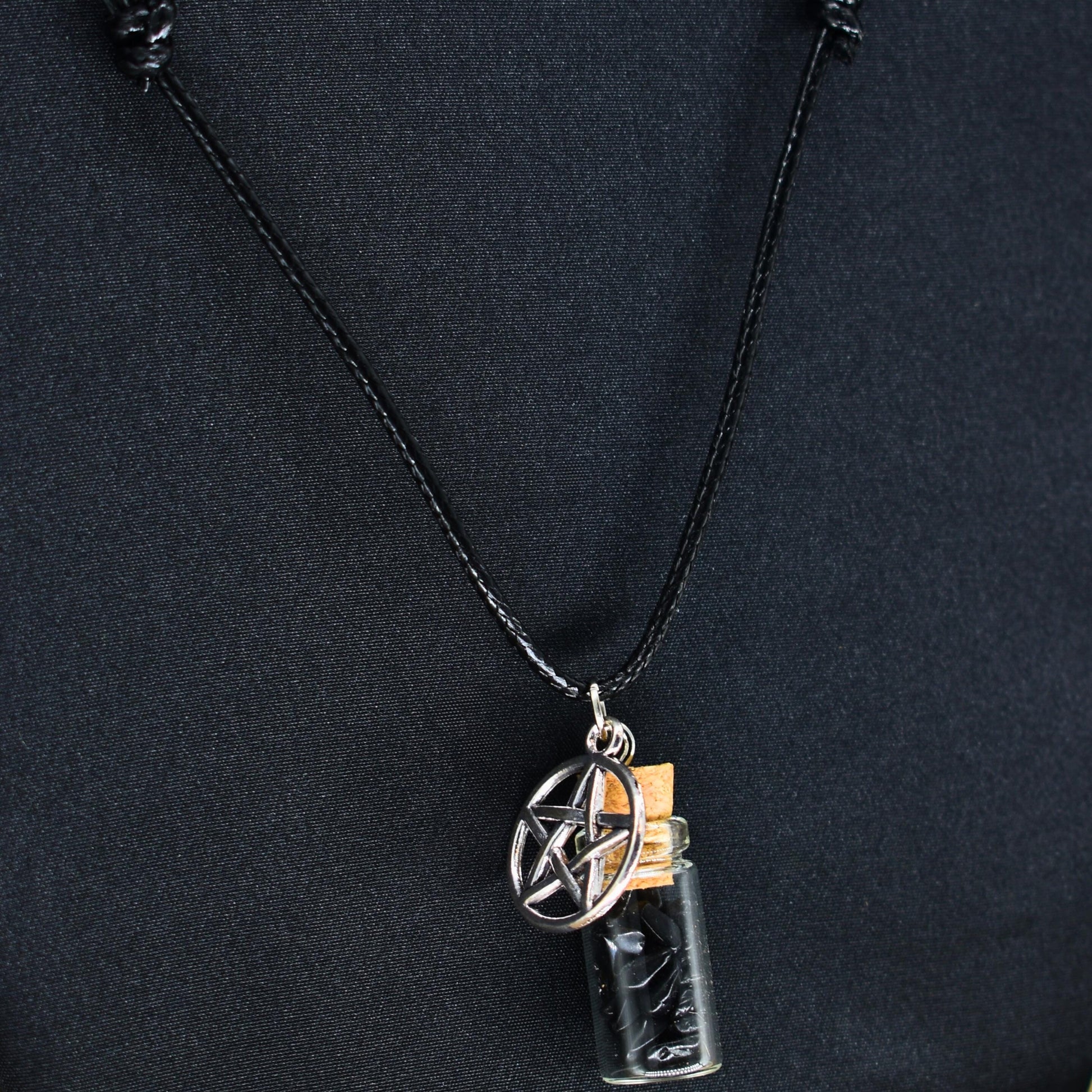 Obsidian Spell Jar Pentagram Black Cord Necklace