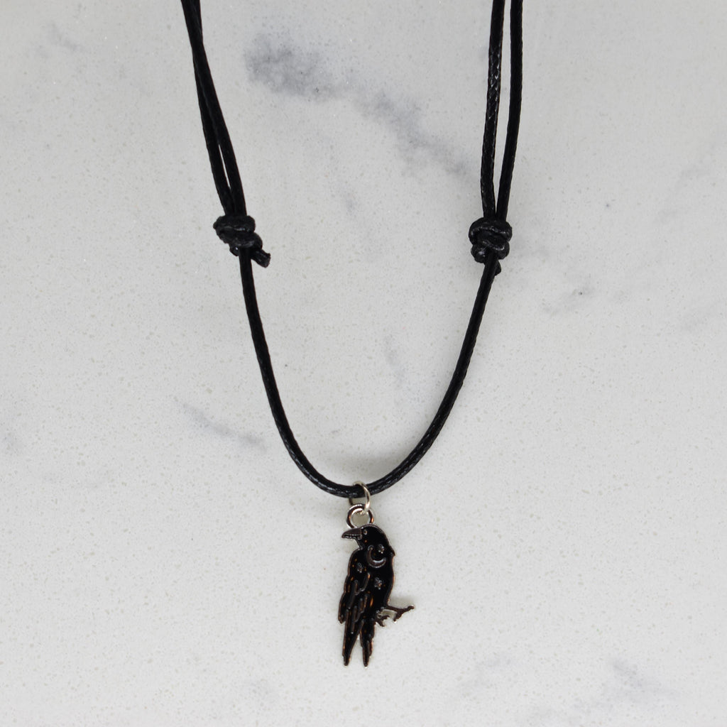 Crow Raven Enamel Black Cord Necklace