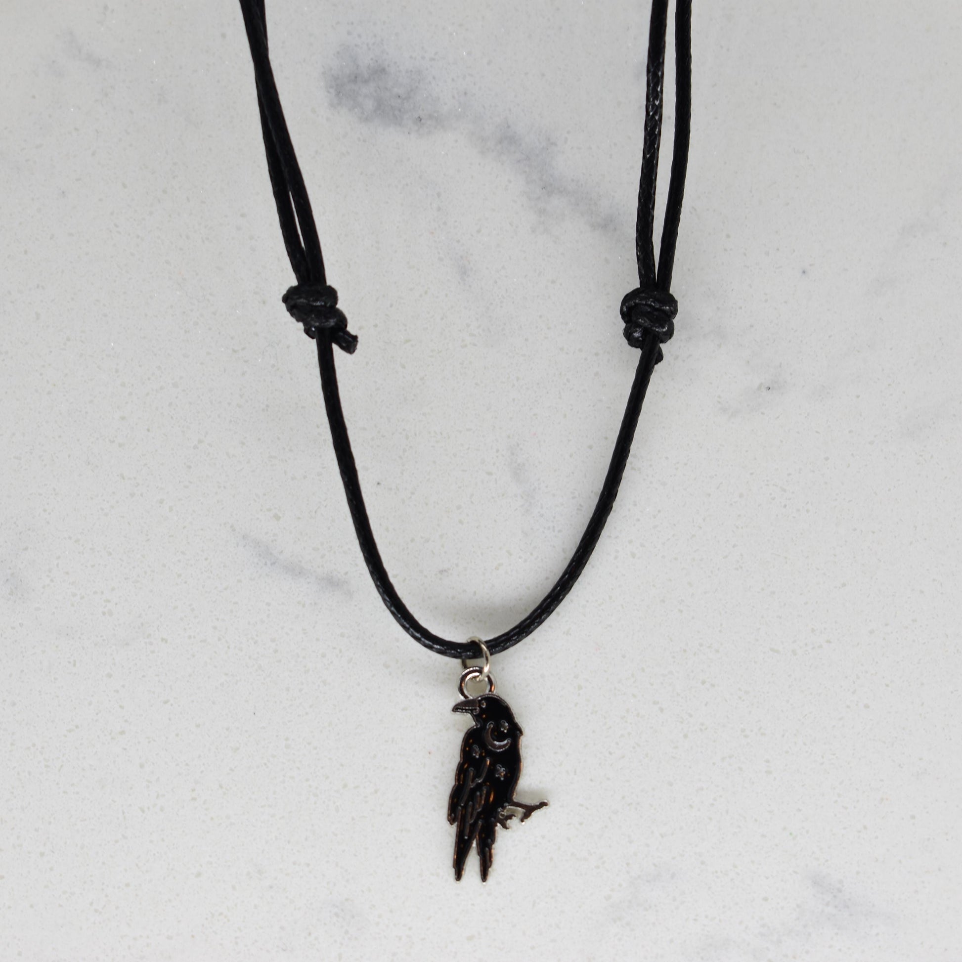 Crow Raven Enamel Black Cord Necklace