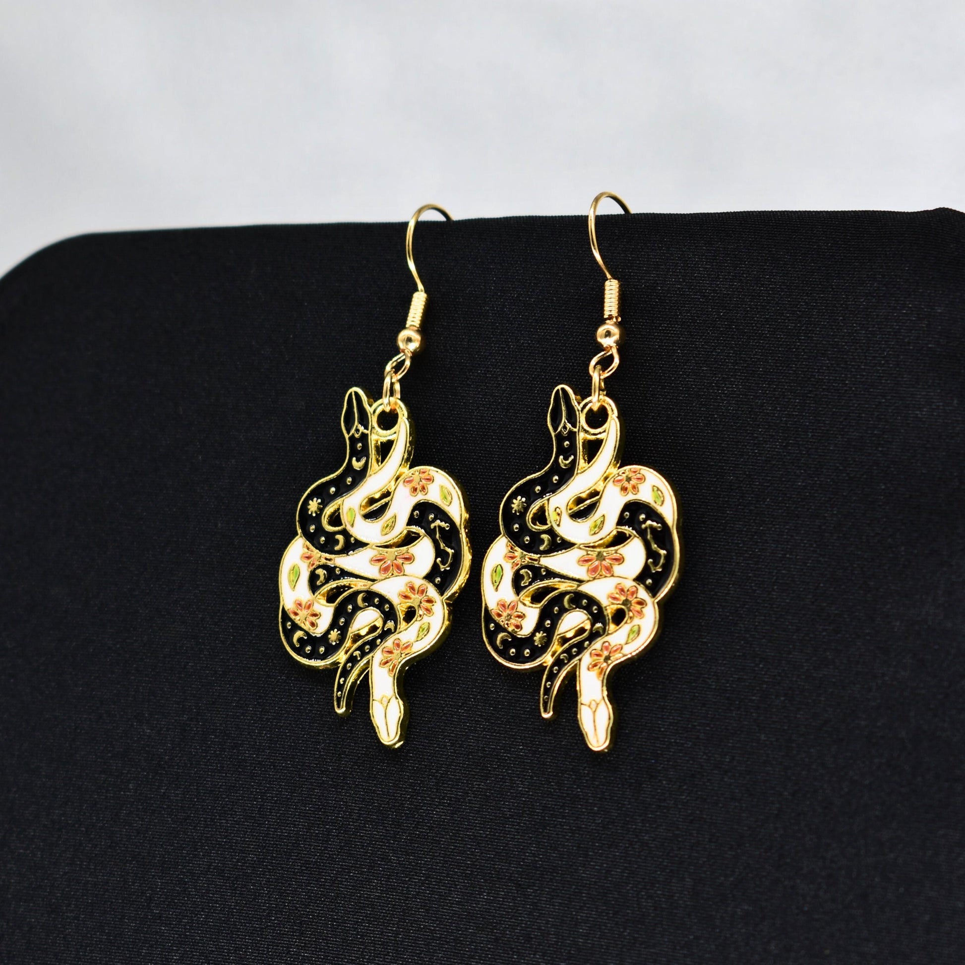 Bohemian Snake Black and White Gold Hook Earrings