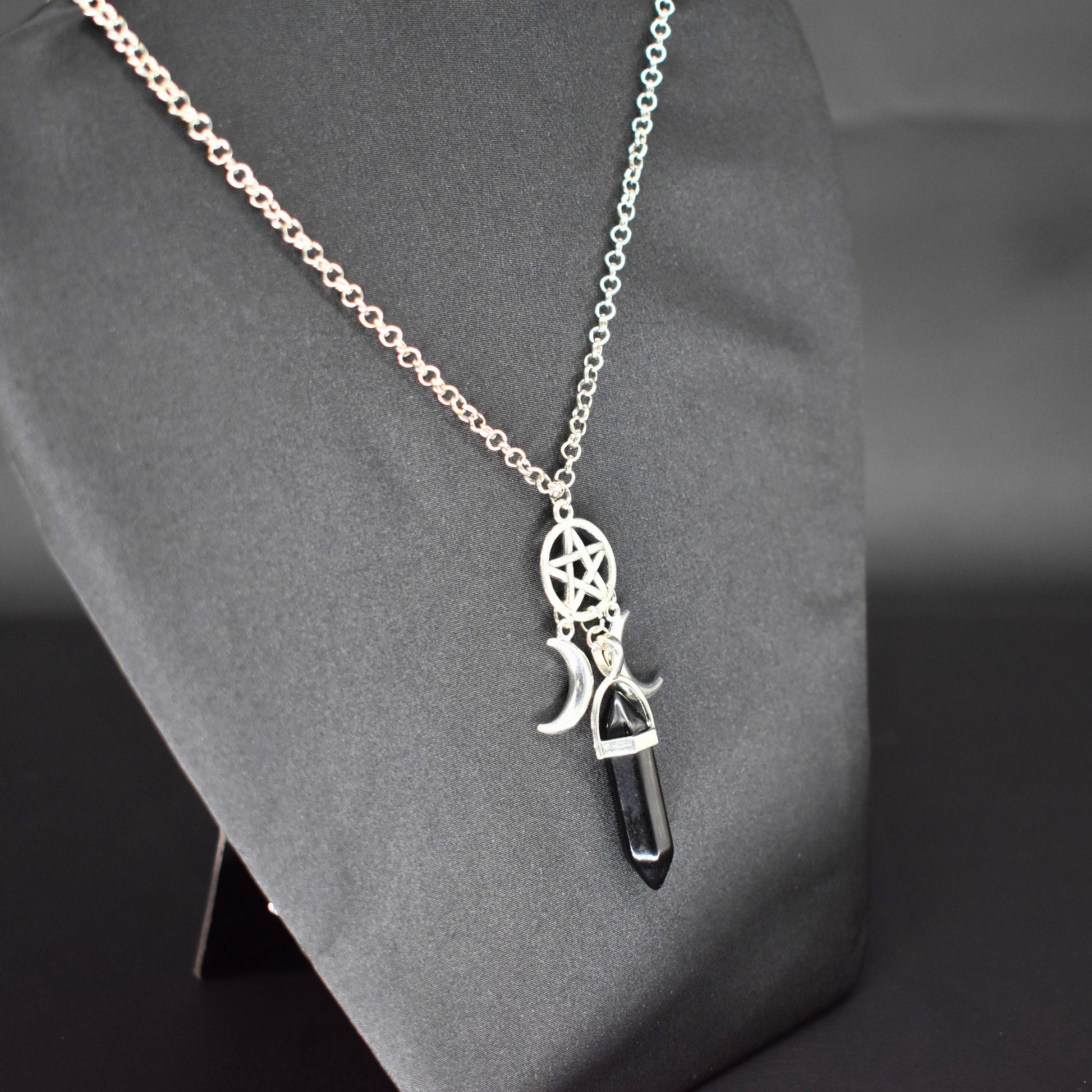 Pentagram Moon Goddess Obsidian Necklace