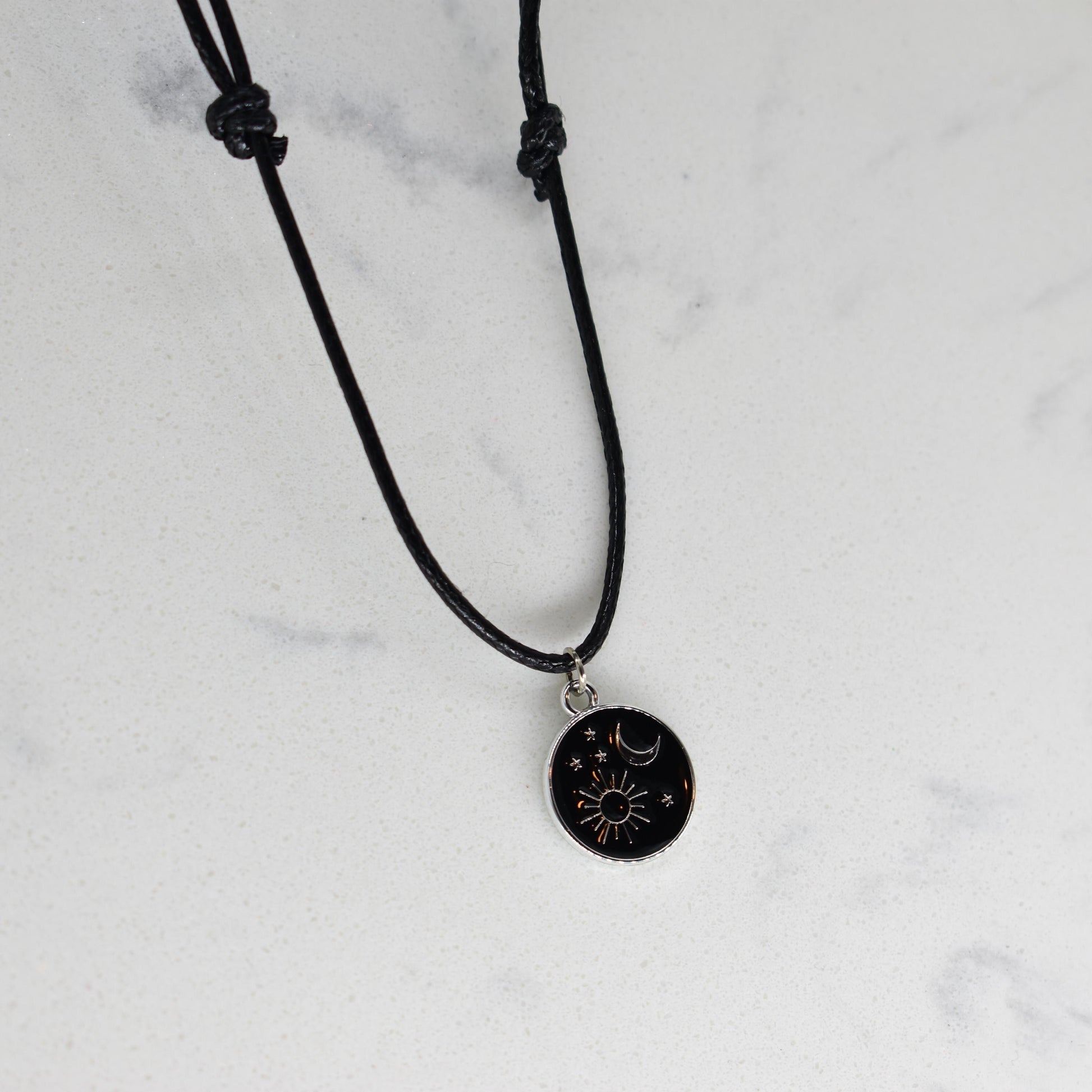 Sun Moon Goddess Enamel Black Cord Necklace