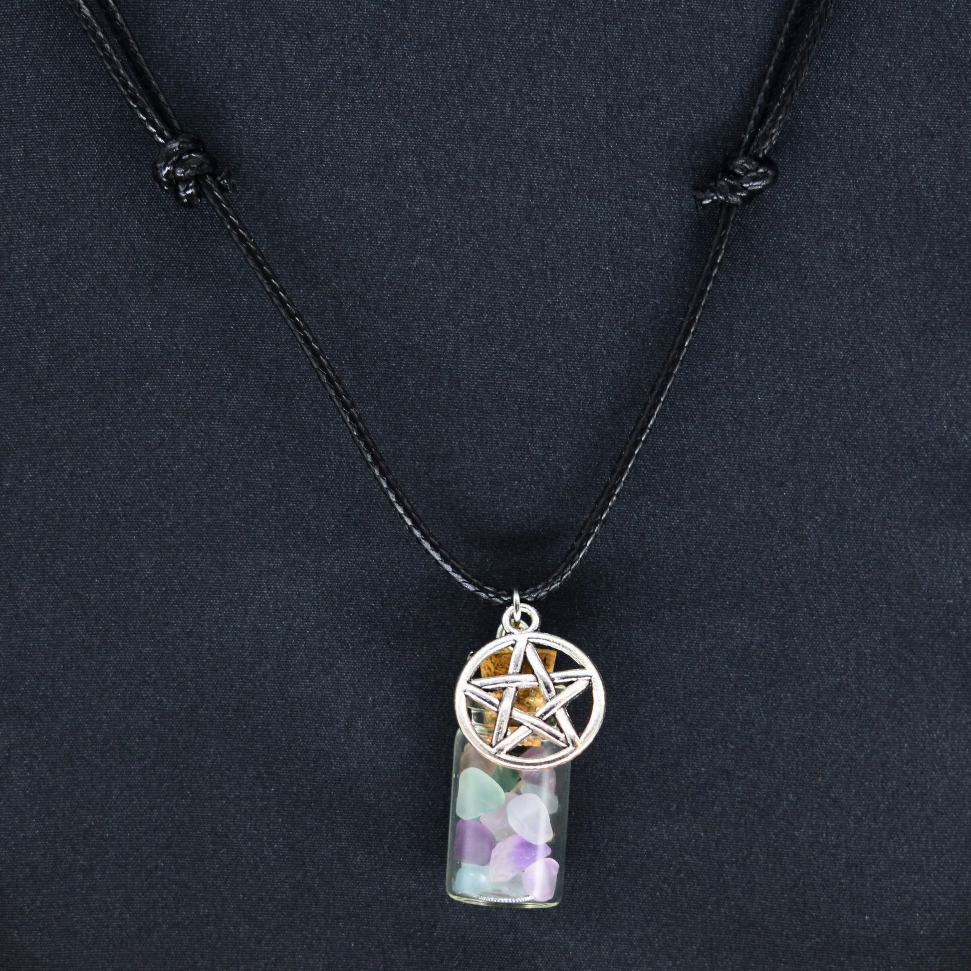 Fluorite Spell Jar Pentagram Black Cord Necklace