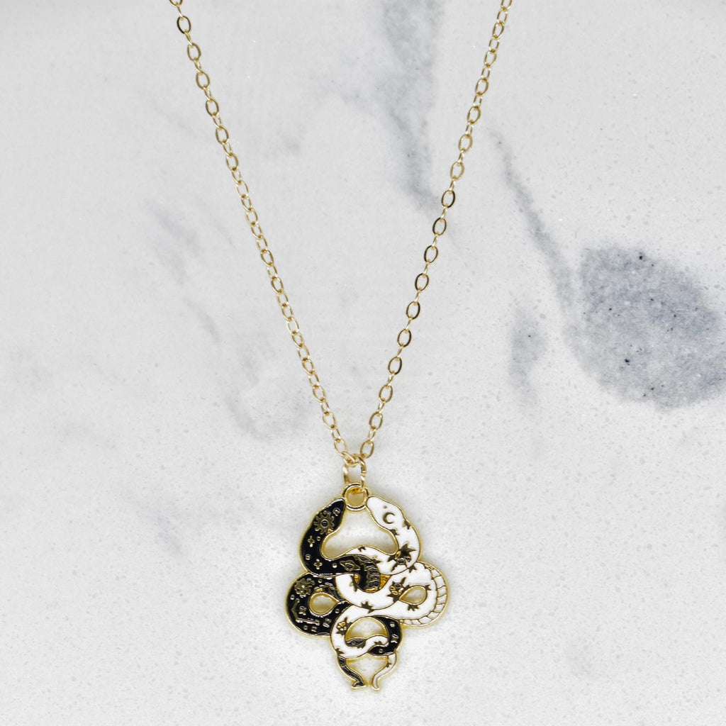 Bohemian Black & White Snakes Boho Gold Chain Necklace