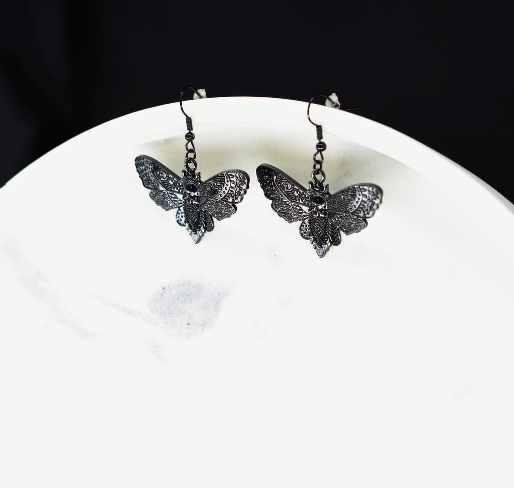 Skull Moth Black Hook Earrings