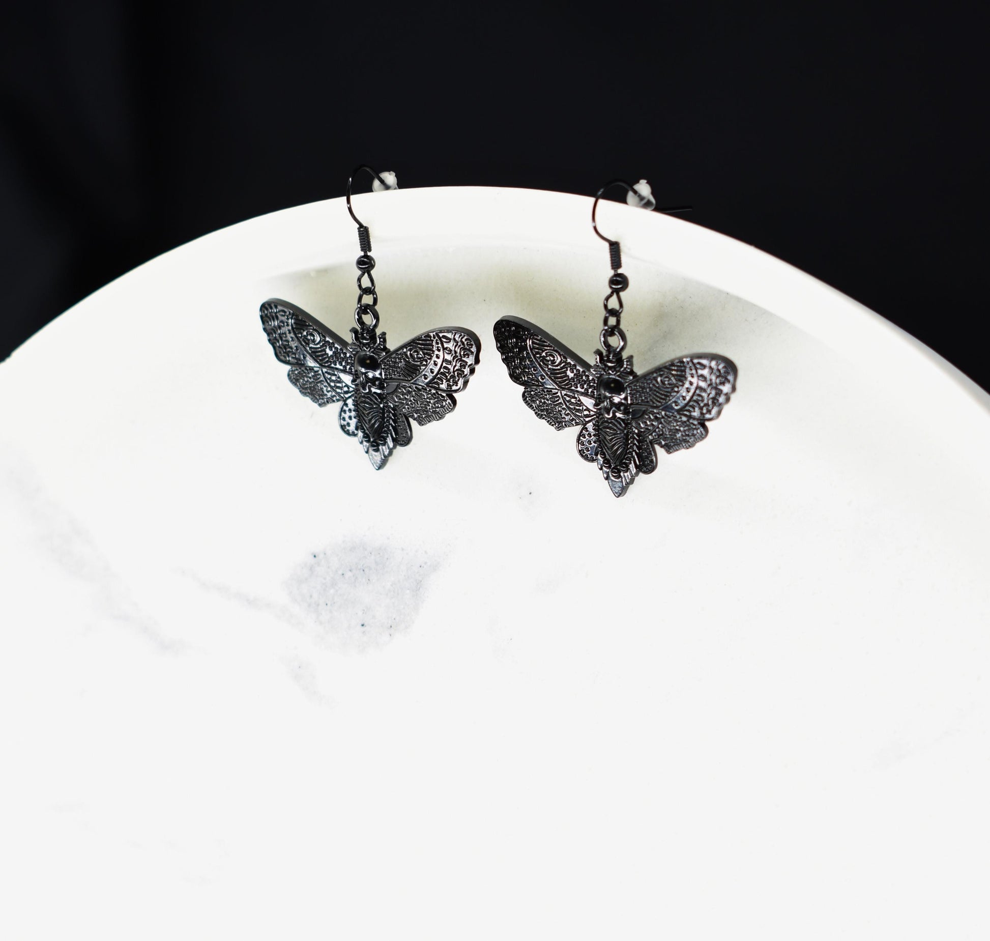 Skull Moth Black Hook Earrings