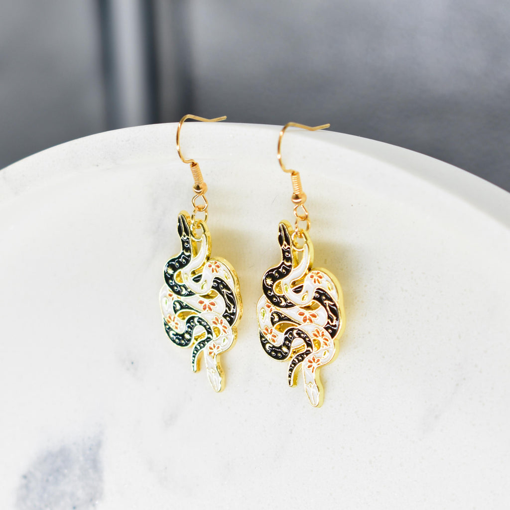 Bohemian Snake Black and White Gold Hook Earrings