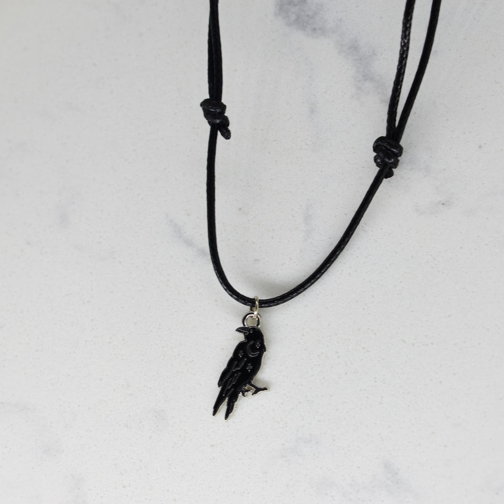 Crow Raven Enamel Black Cord Necklace