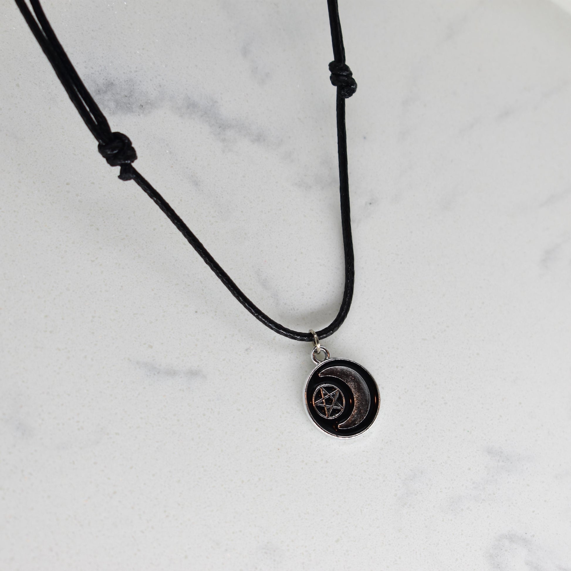 Pentagram Moon Goddess Enamel Black Cord Necklace