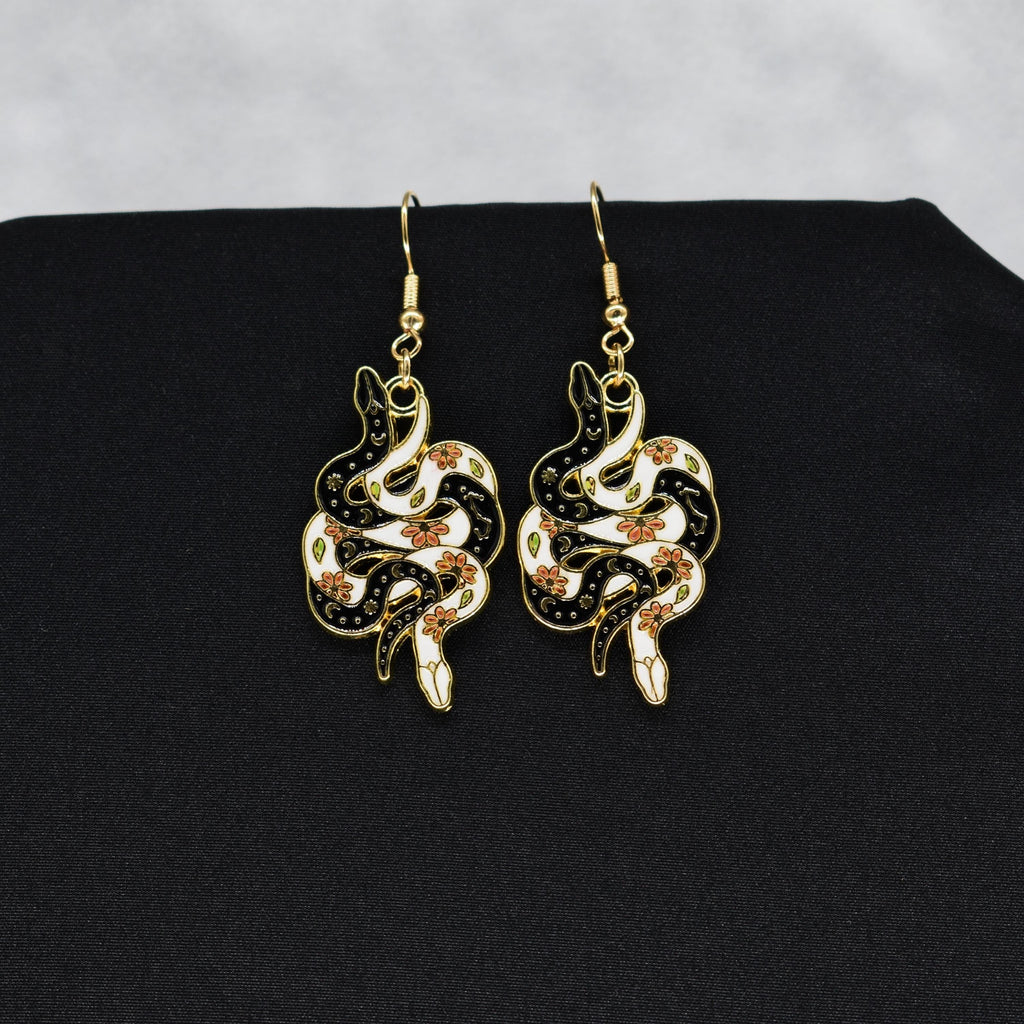 Bohemian Snake Black and White Gold Hook Earrings