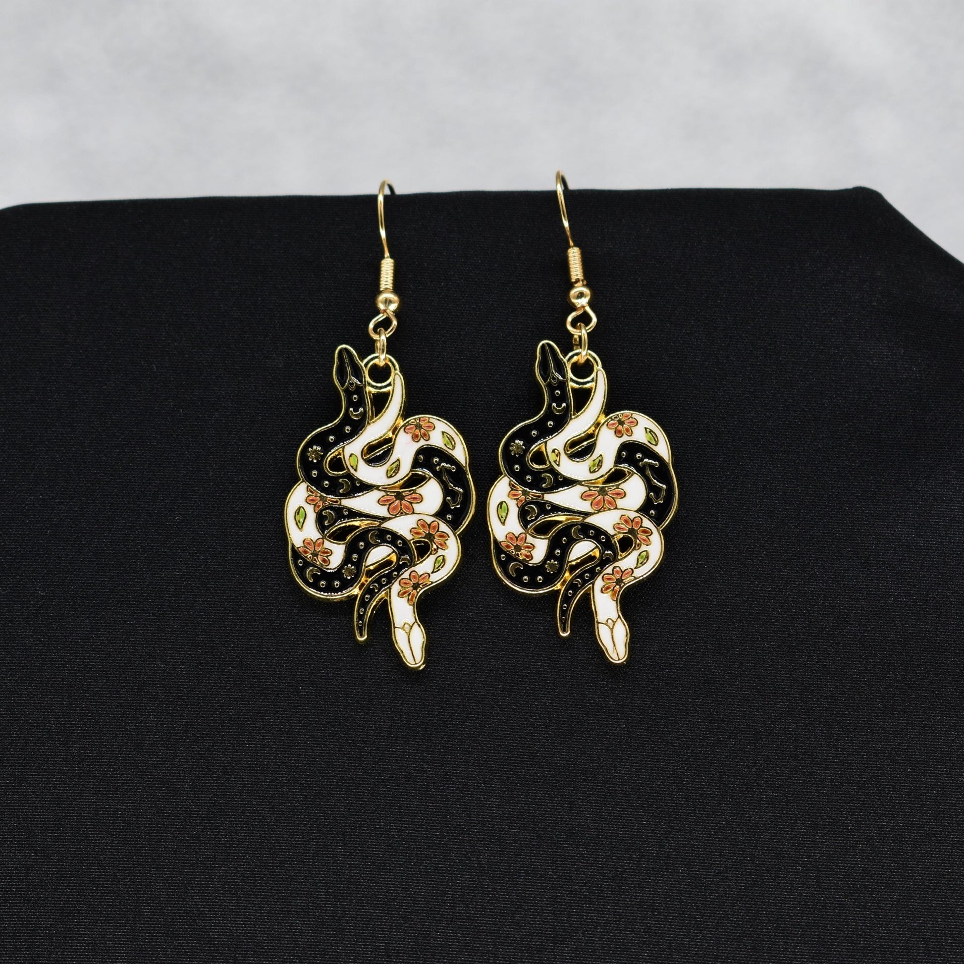 Bohemian Snake Black and White Gold Hook Earrings