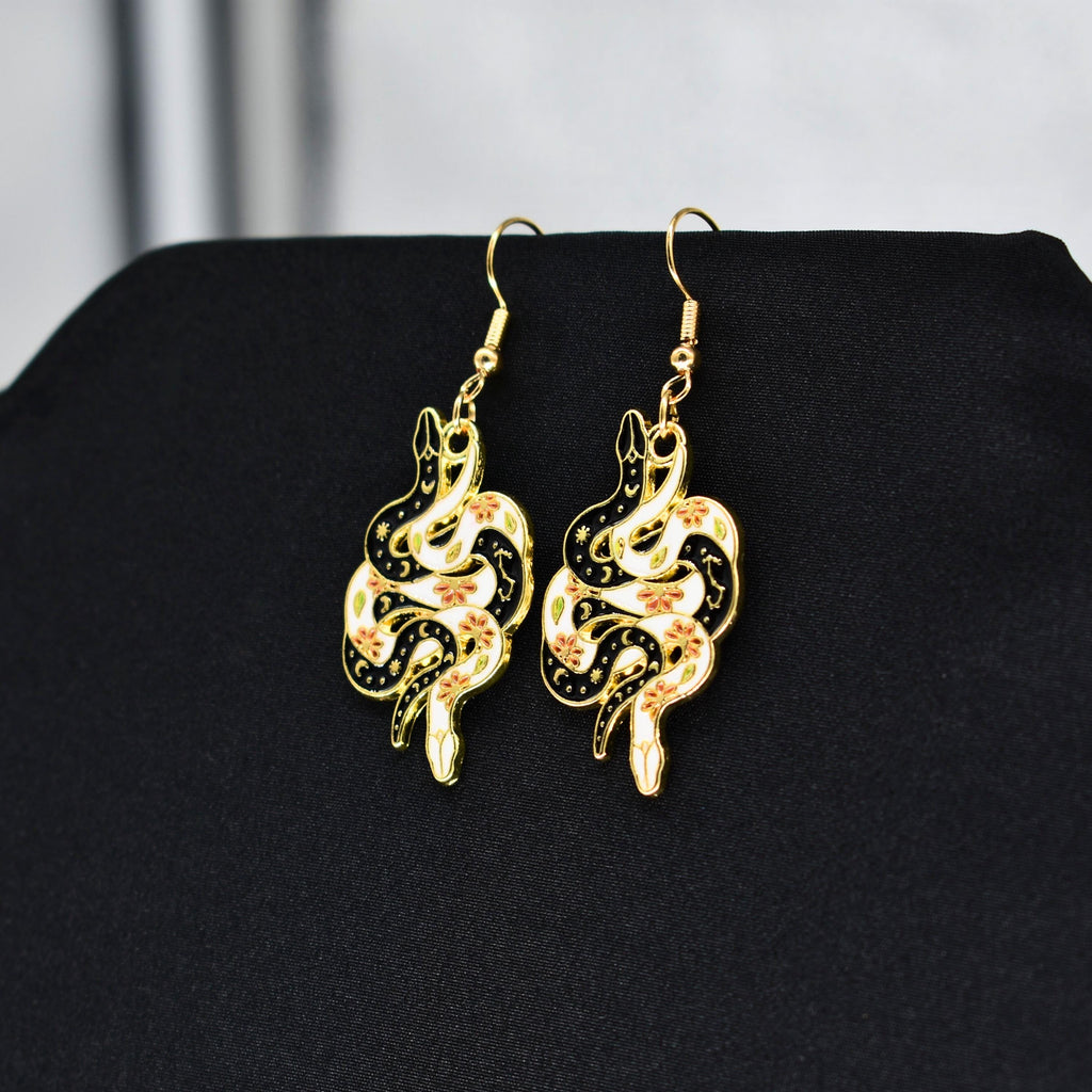 Bohemian Snake Black and White Gold Hook Earrings