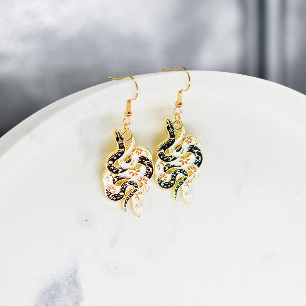 Bohemian Snake Black and White Gold Hook Earrings