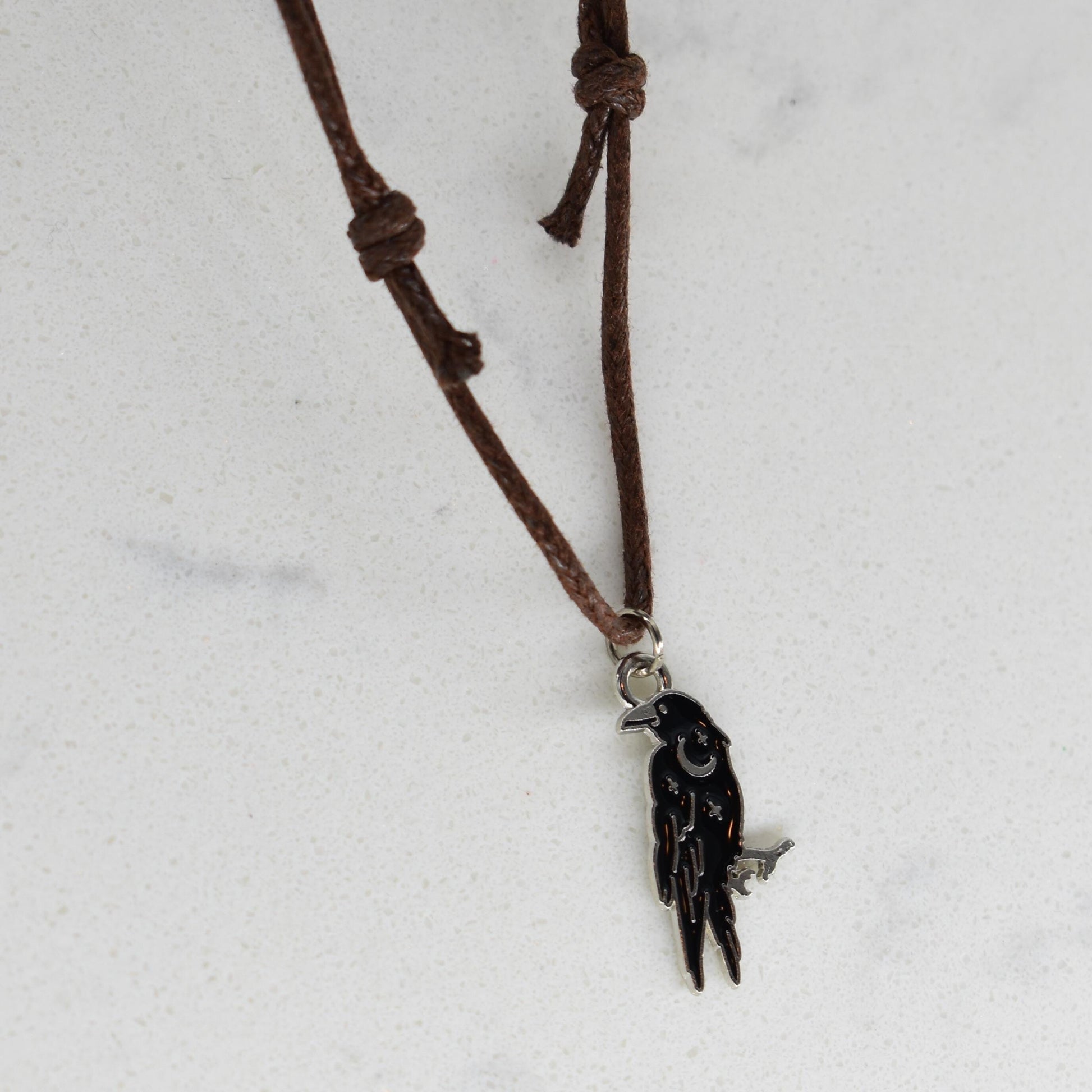 Crow Raven Enamel Brown Cord Necklace
