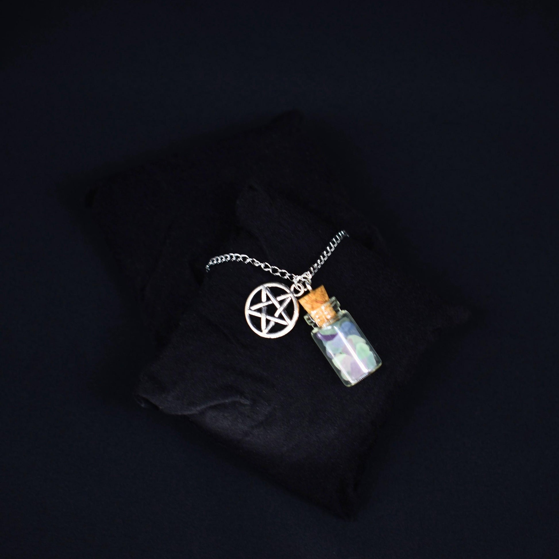 Fluorite Spell Jar Pentagram Silver Chain Necklace