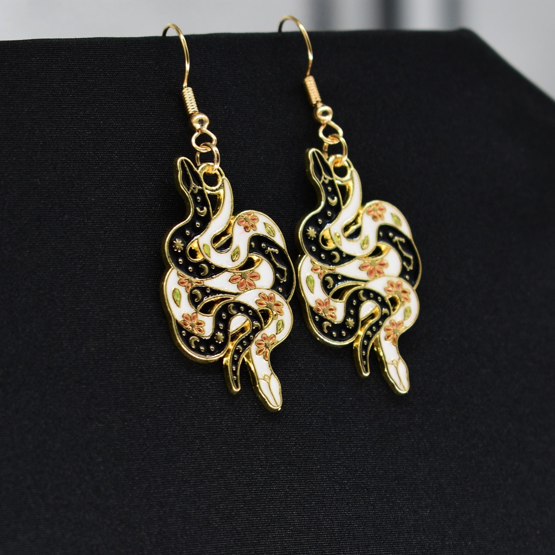 Bohemian Snake Black and White Gold Hook Earrings