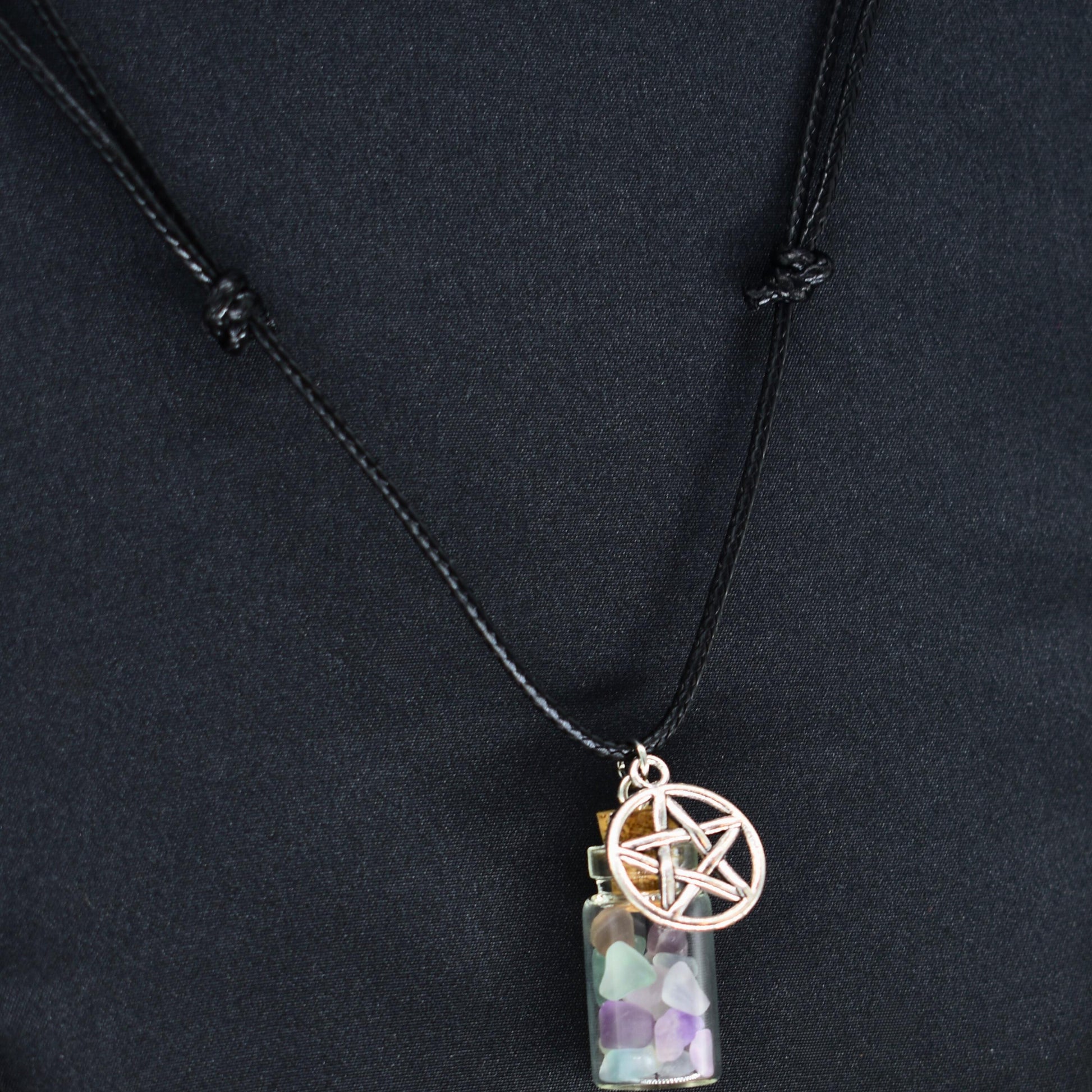 Fluorite Spell Jar Pentagram Black Cord Necklace