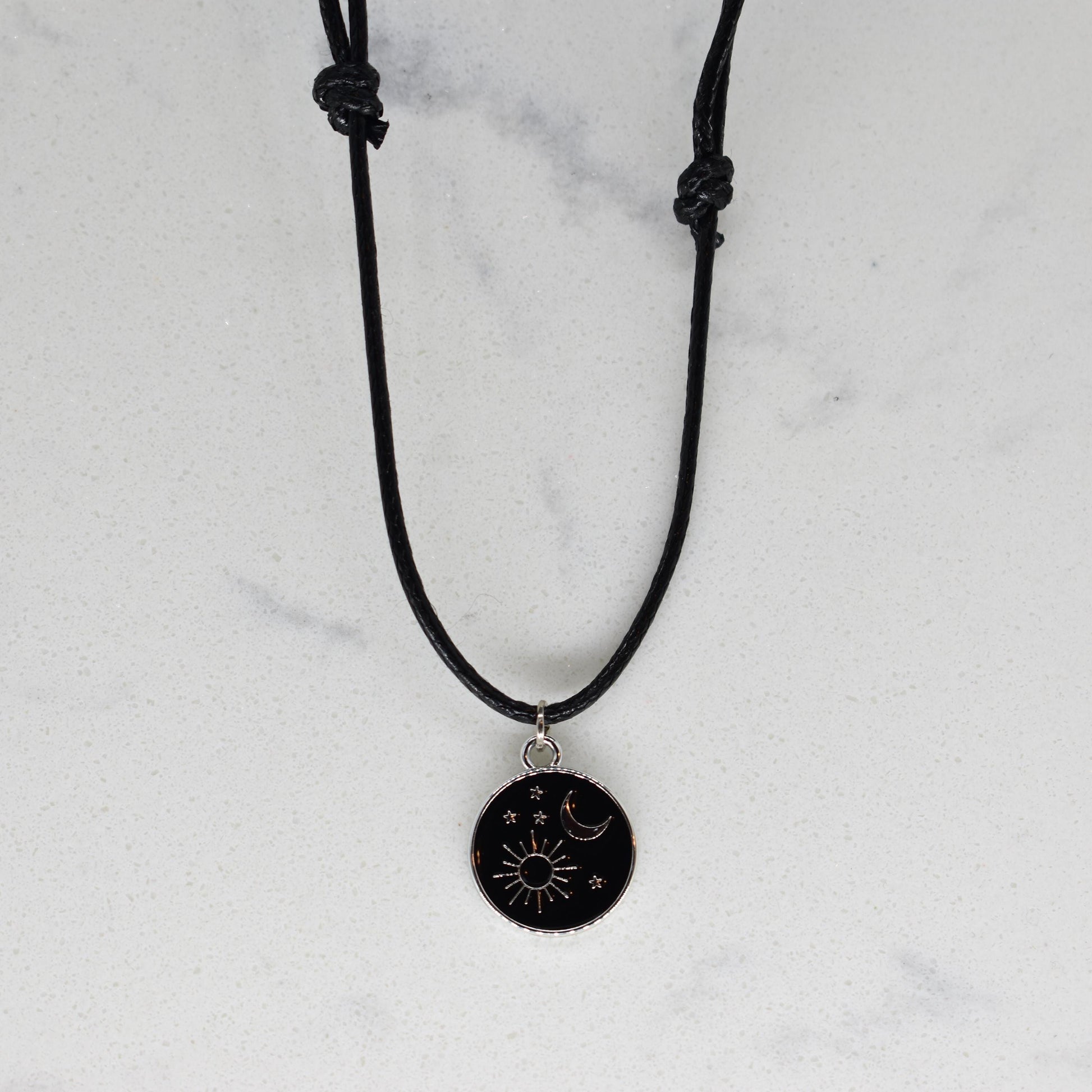 Sun Moon Goddess Enamel Black Cord Necklace