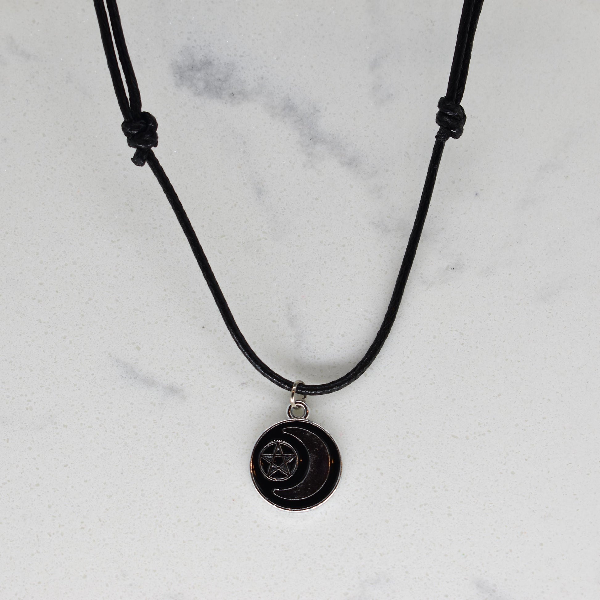 Pentagram Moon Goddess Enamel Black Cord Necklace