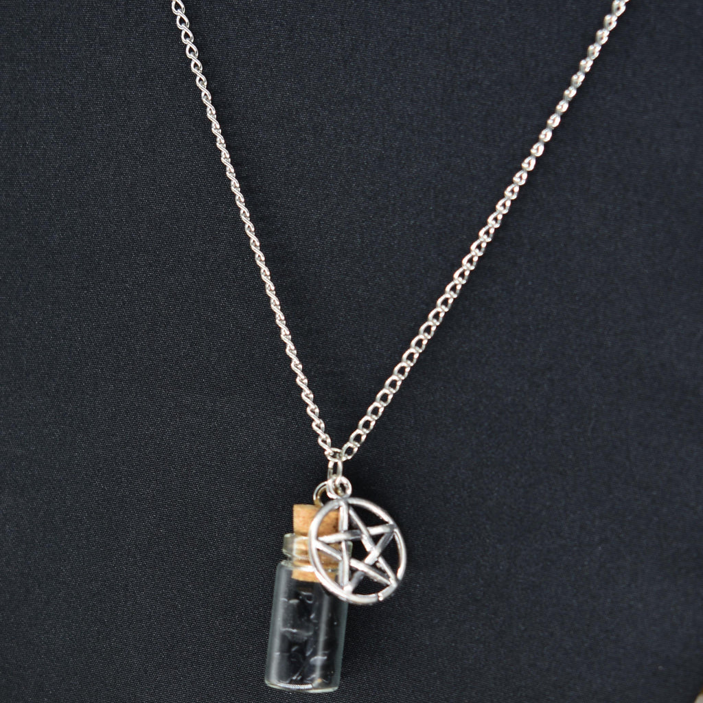 Obsidian Spell Jar Pentagram Silver Chain Necklace