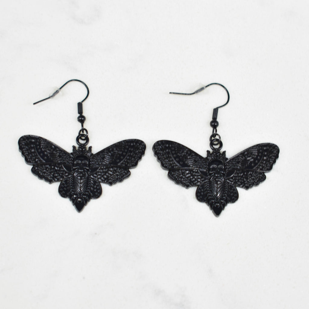 Skull Moth Black Hook Earrings