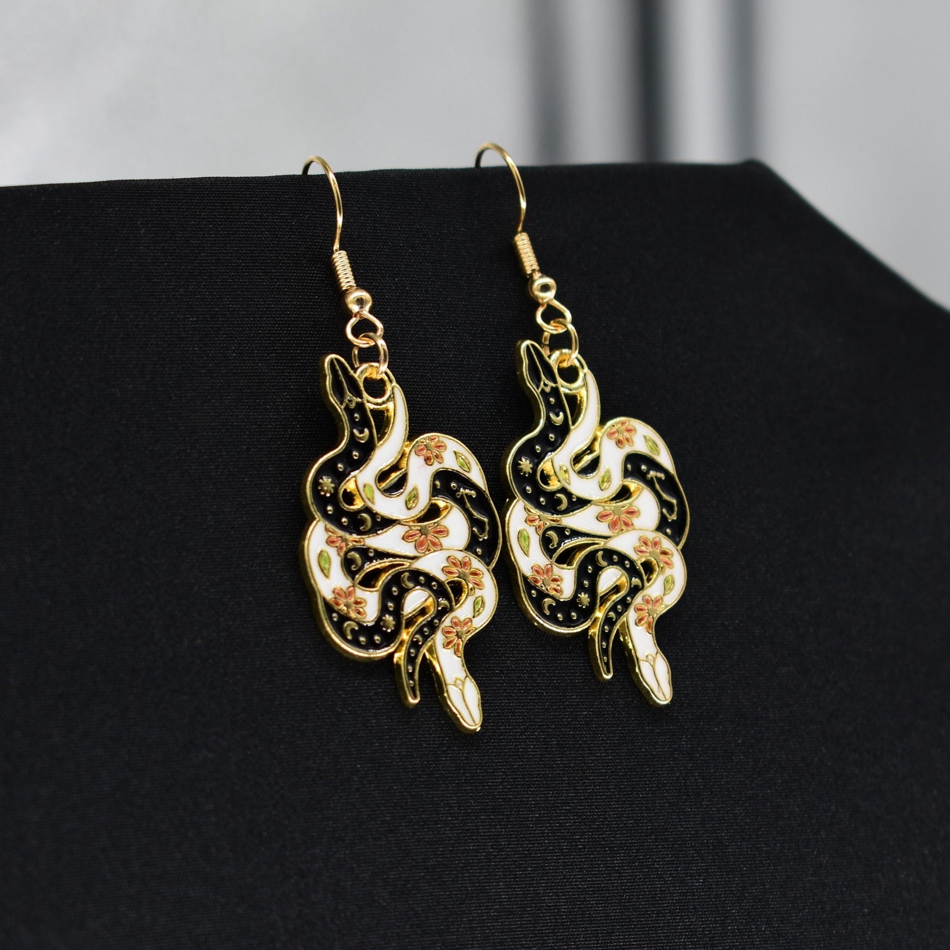 Bohemian Snake Black and White Gold Hook Earrings