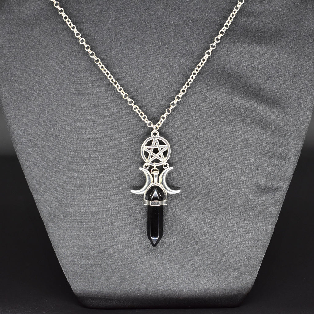 Pentagram Moon Goddess Obsidian Necklace