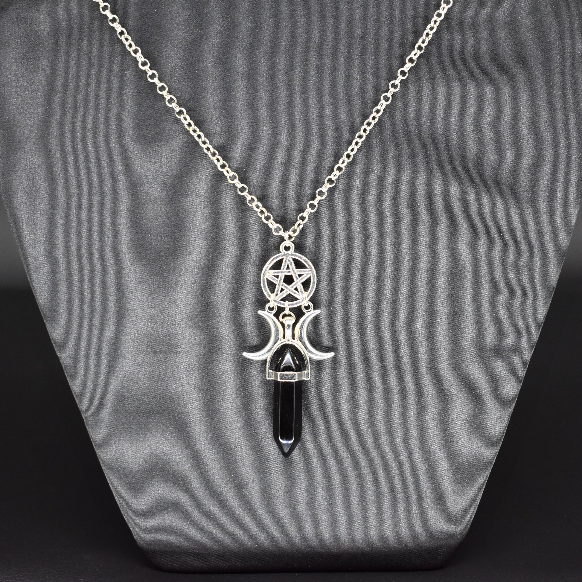 Pentagram Moon Goddess Obsidian Necklace