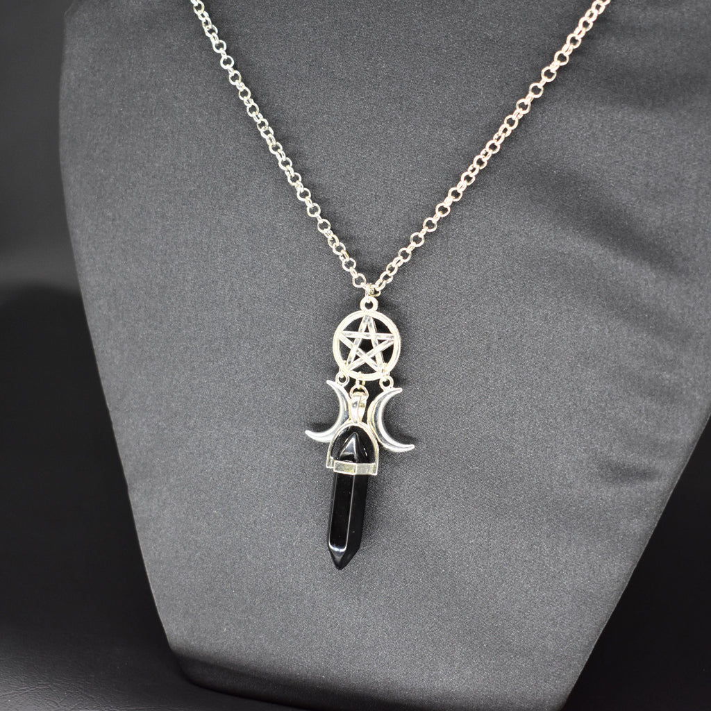 Pentagram Moon Goddess Obsidian Necklace