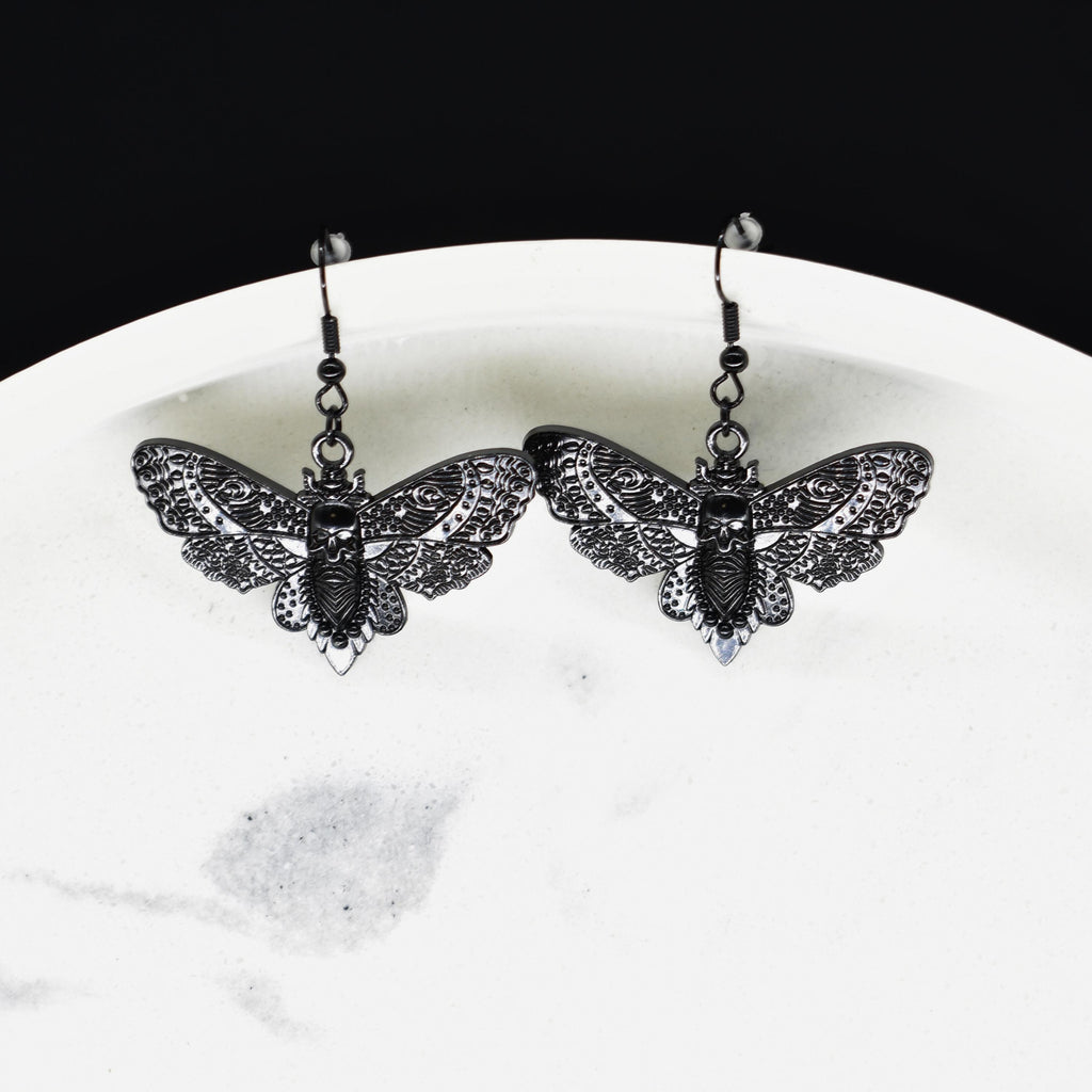 Skull Moth Black Hook Earrings