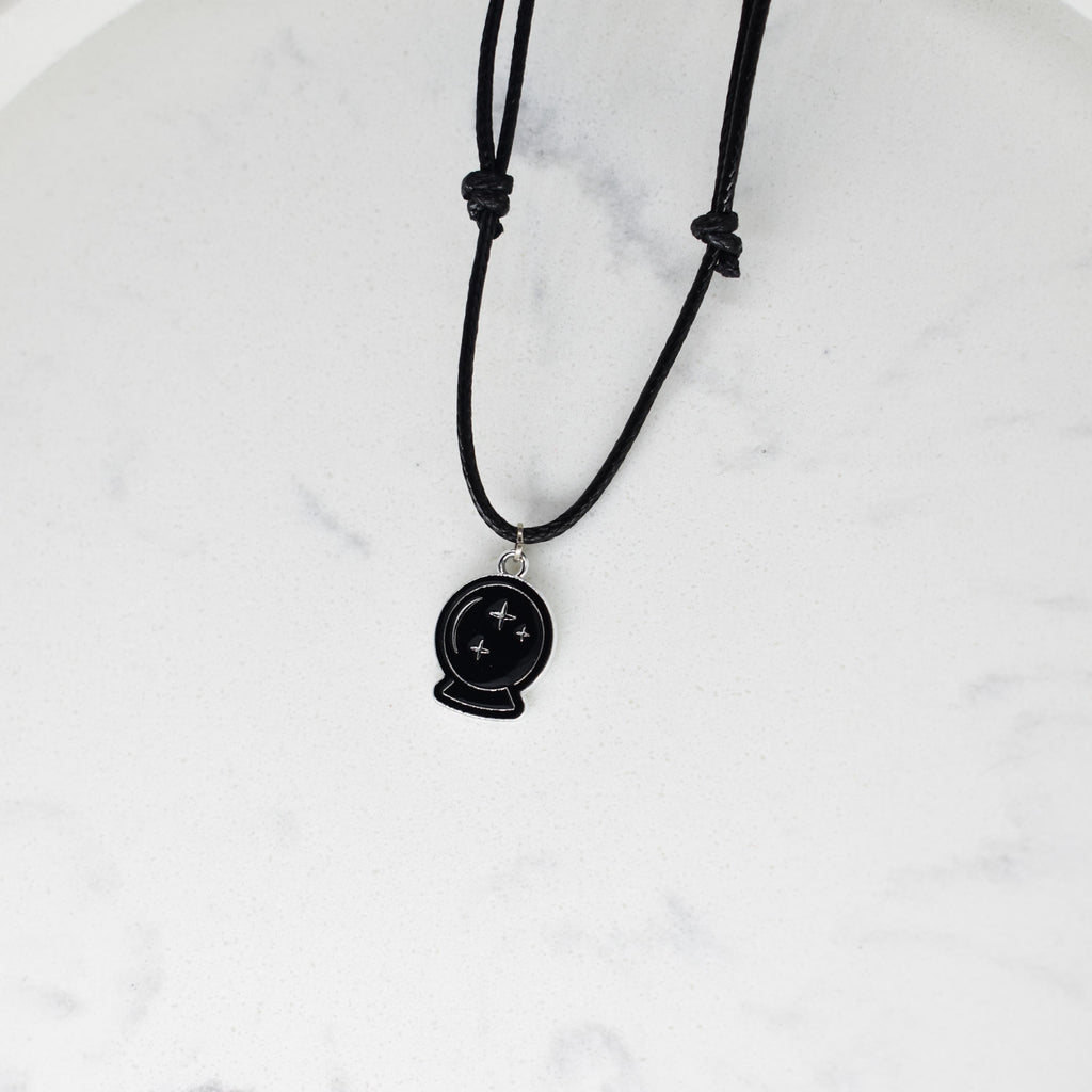 Crystal Ball Enamel Black Cord Necklace