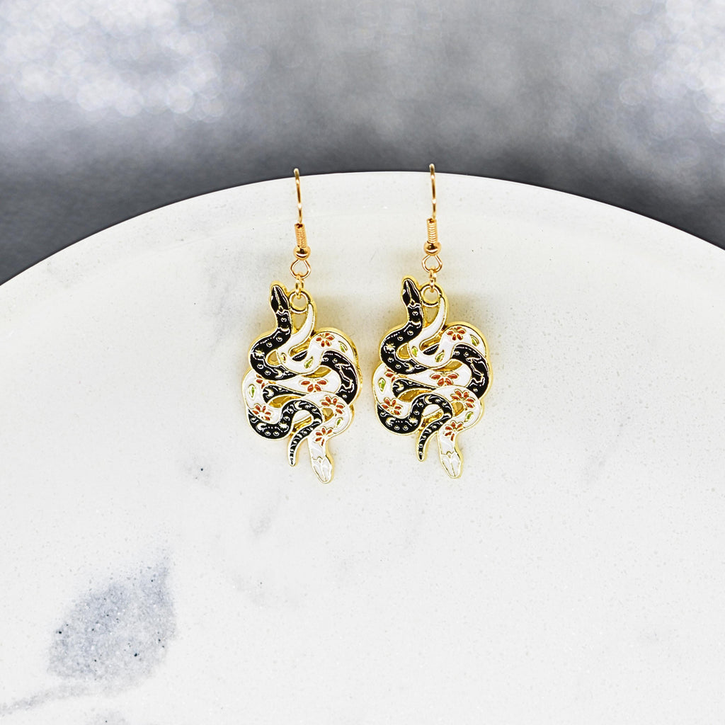 Bohemian Snake Black and White Gold Hook Earrings