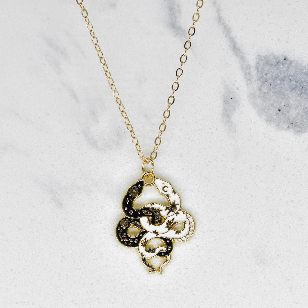 Bohemian Black & White Snakes Boho Gold Chain Necklace