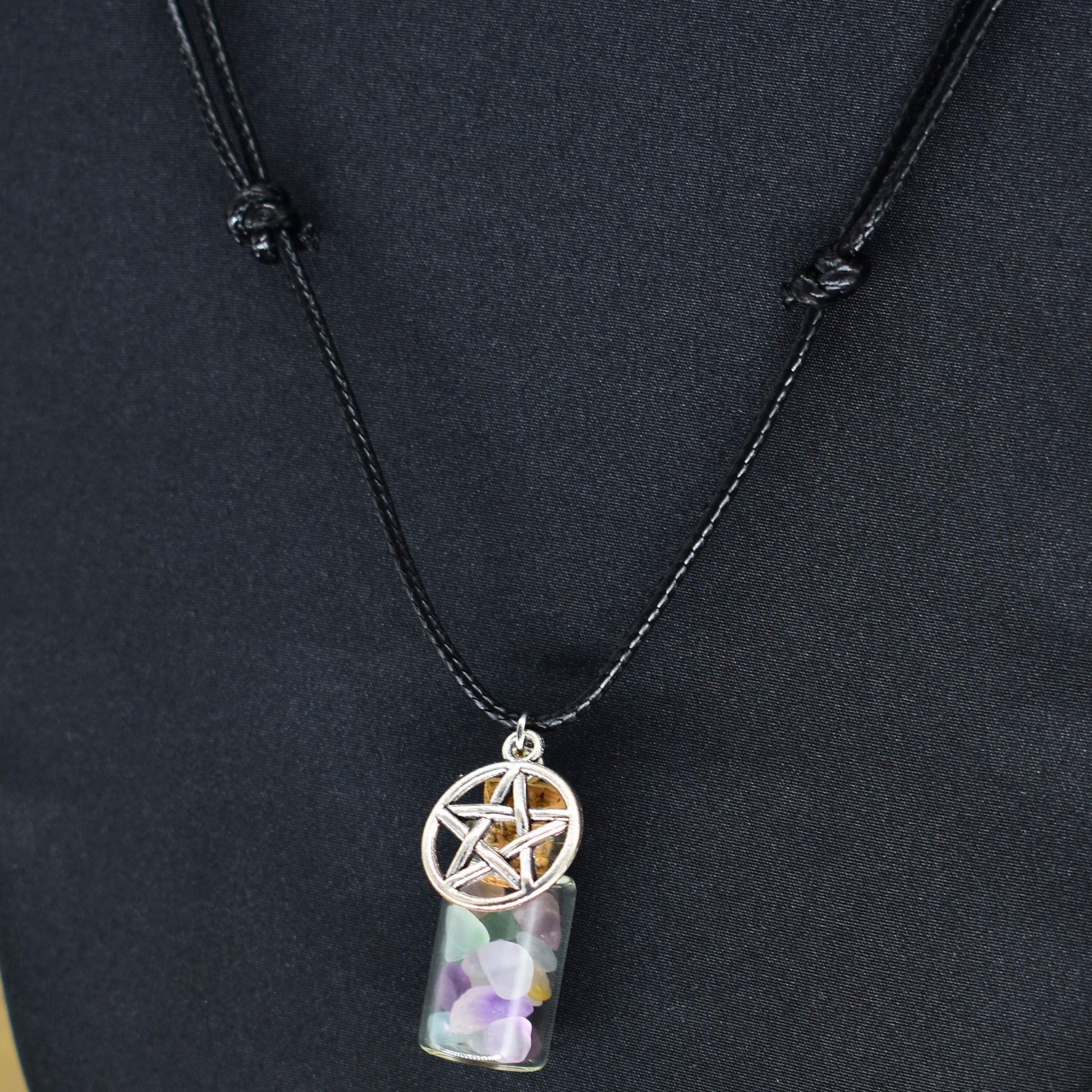 Fluorite Spell Jar Pentagram Black Cord Necklace