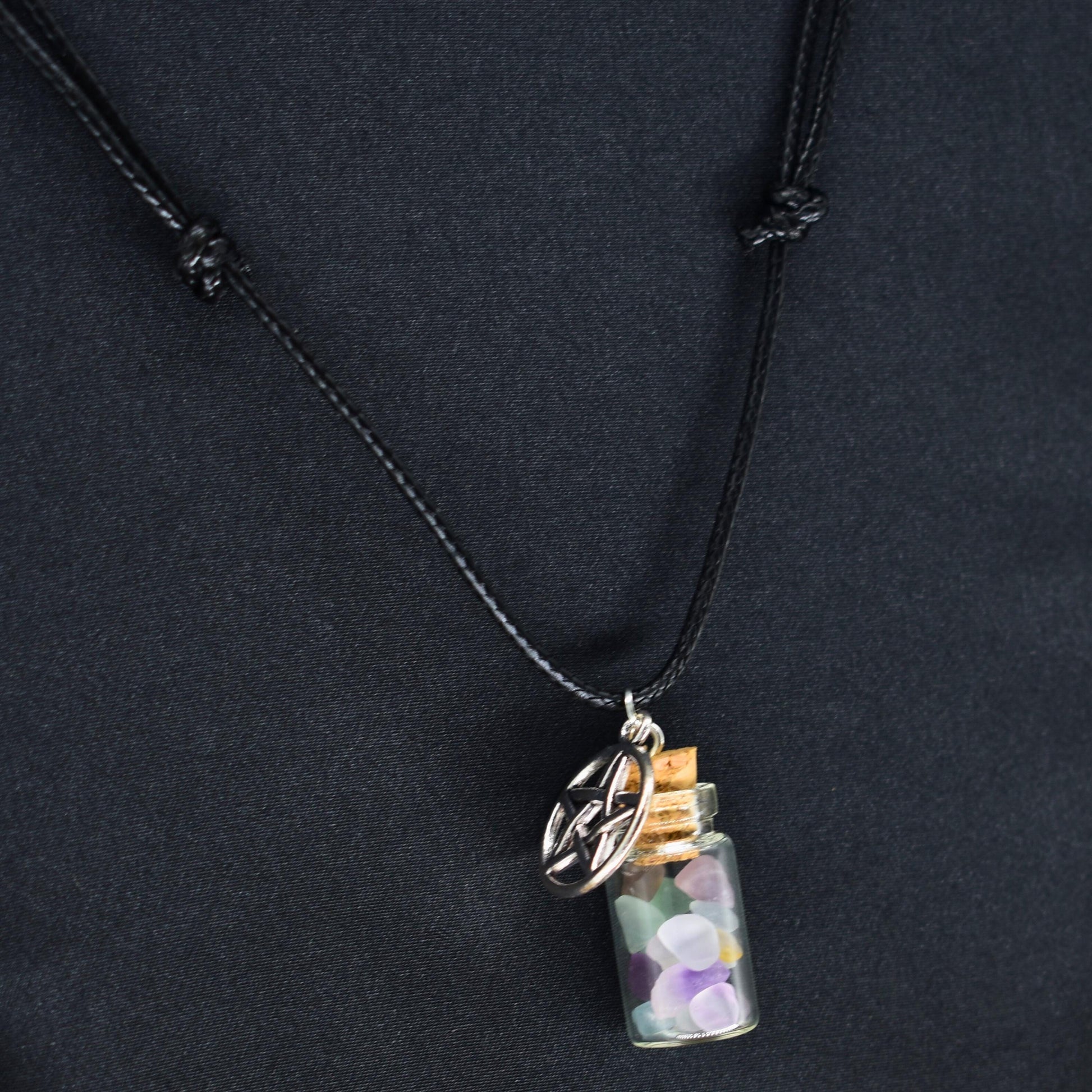 Fluorite Spell Jar Pentagram Black Cord Necklace