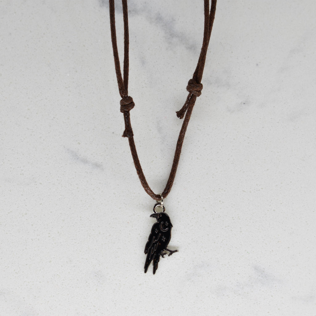 Crow Raven Enamel Brown Cord Necklace