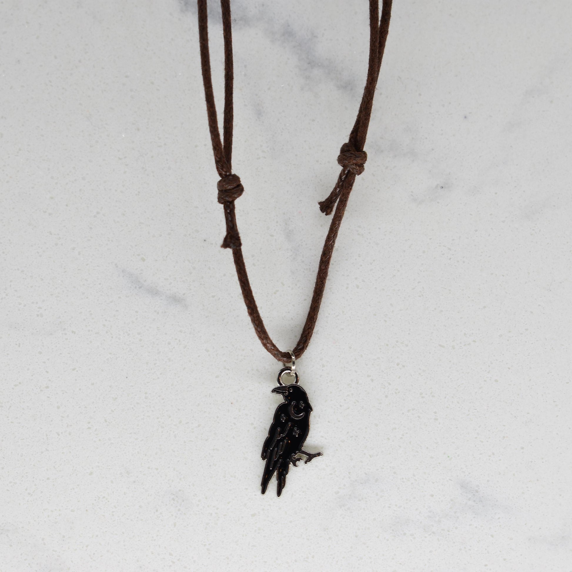 Crow Raven Enamel Brown Cord Necklace