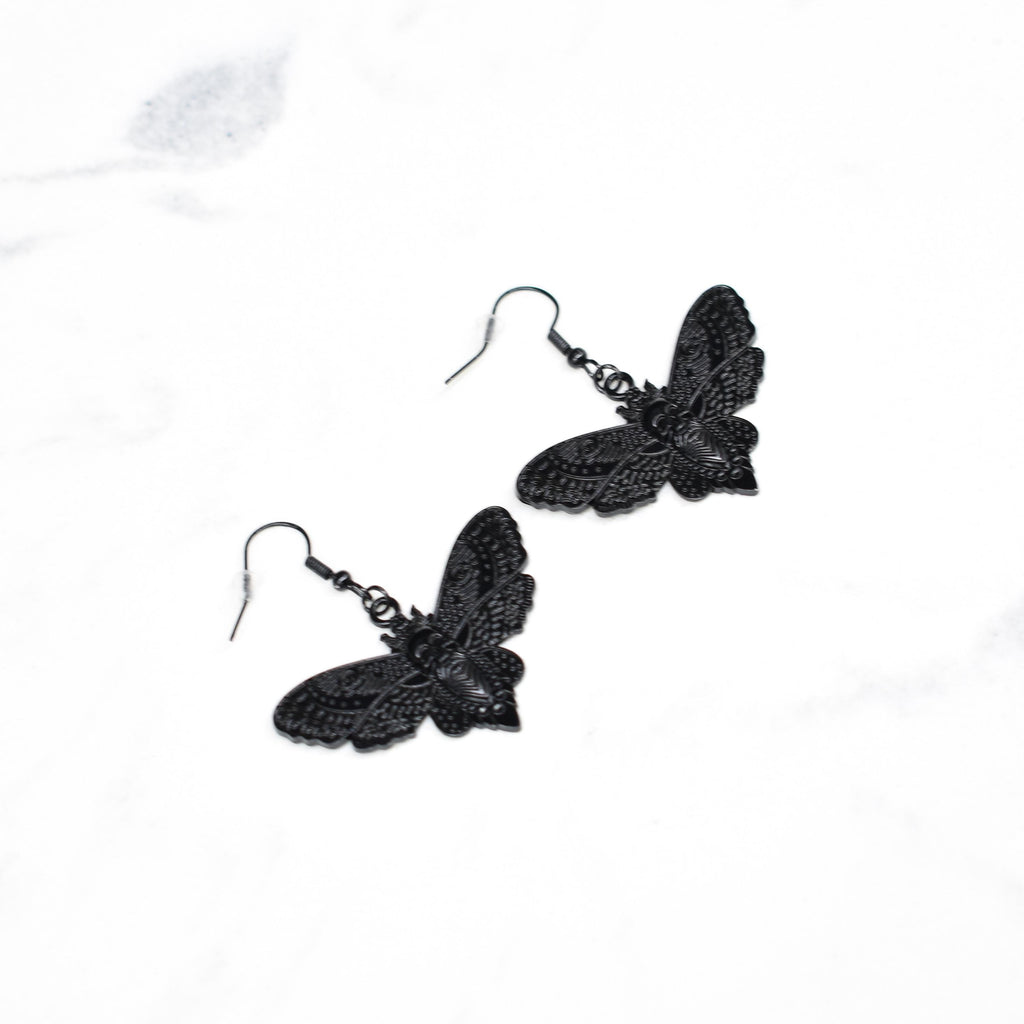 Skull Moth Black Hook Earrings