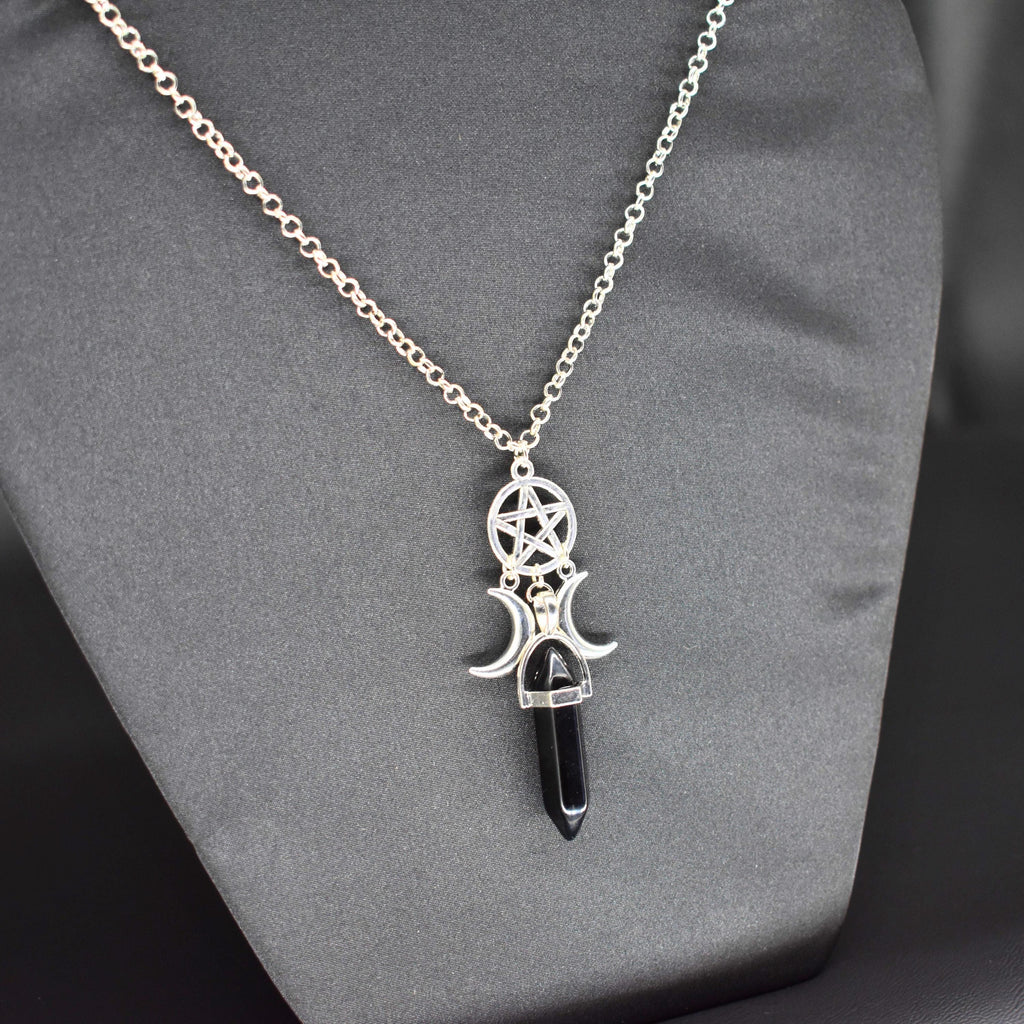 Pentagram Moon Goddess Obsidian Necklace