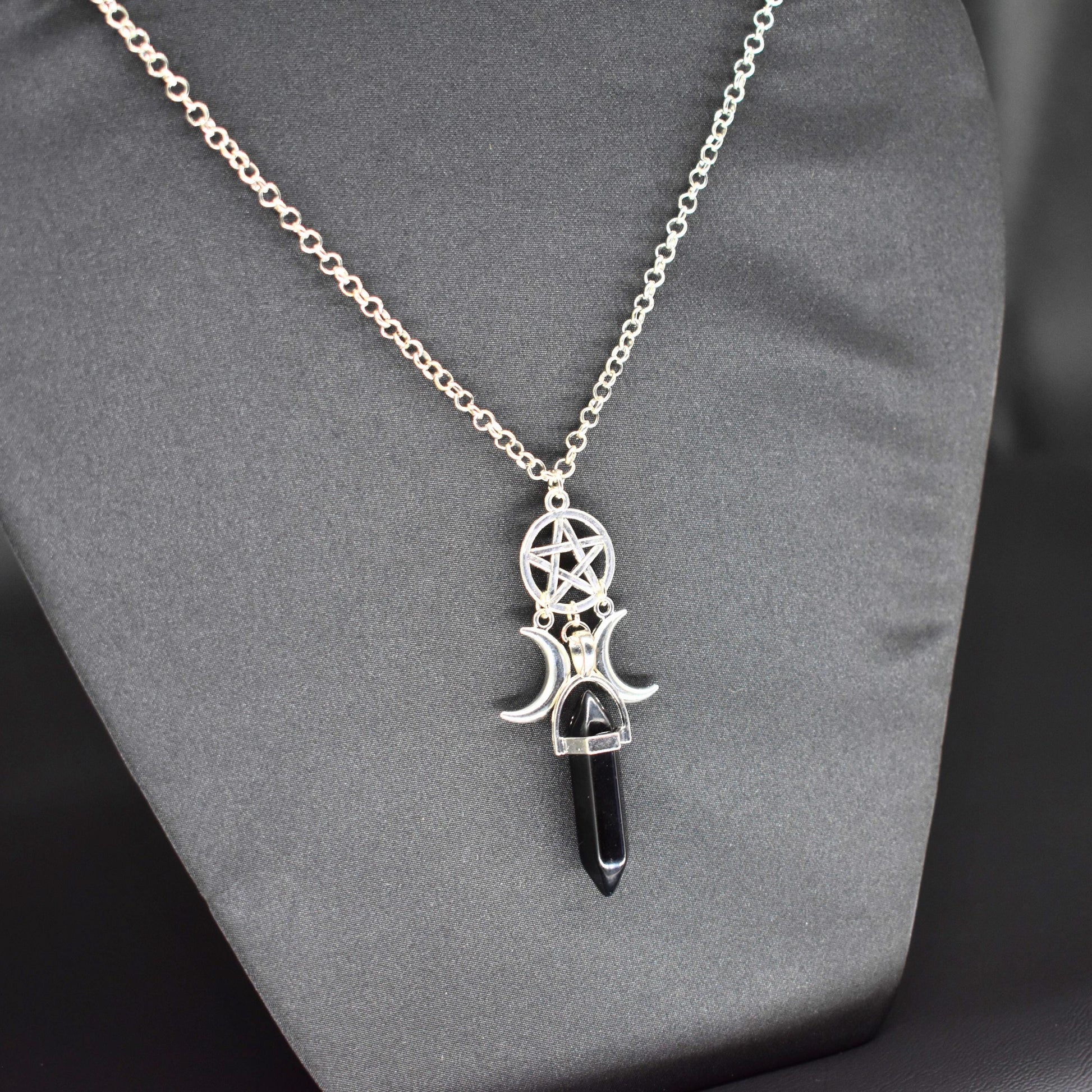Pentagram Moon Goddess Obsidian Necklace