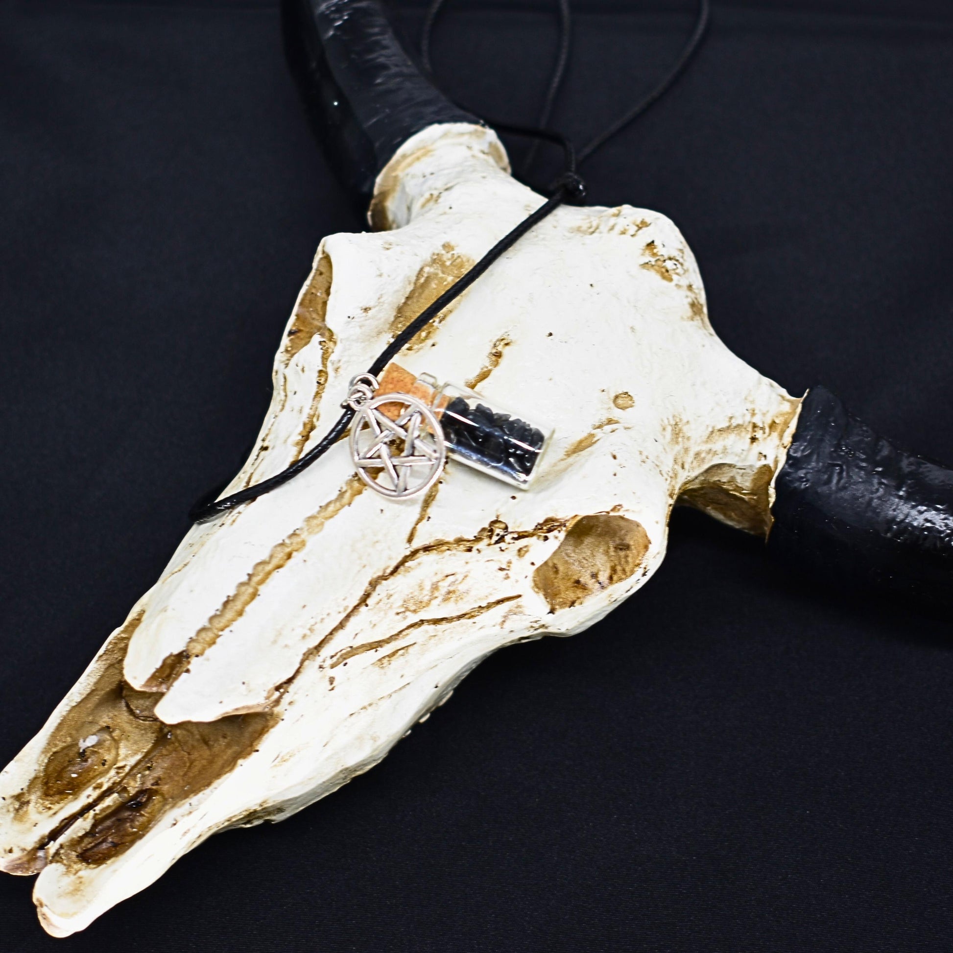 Obsidian Spell Jar Pentagram Black Cord Necklace