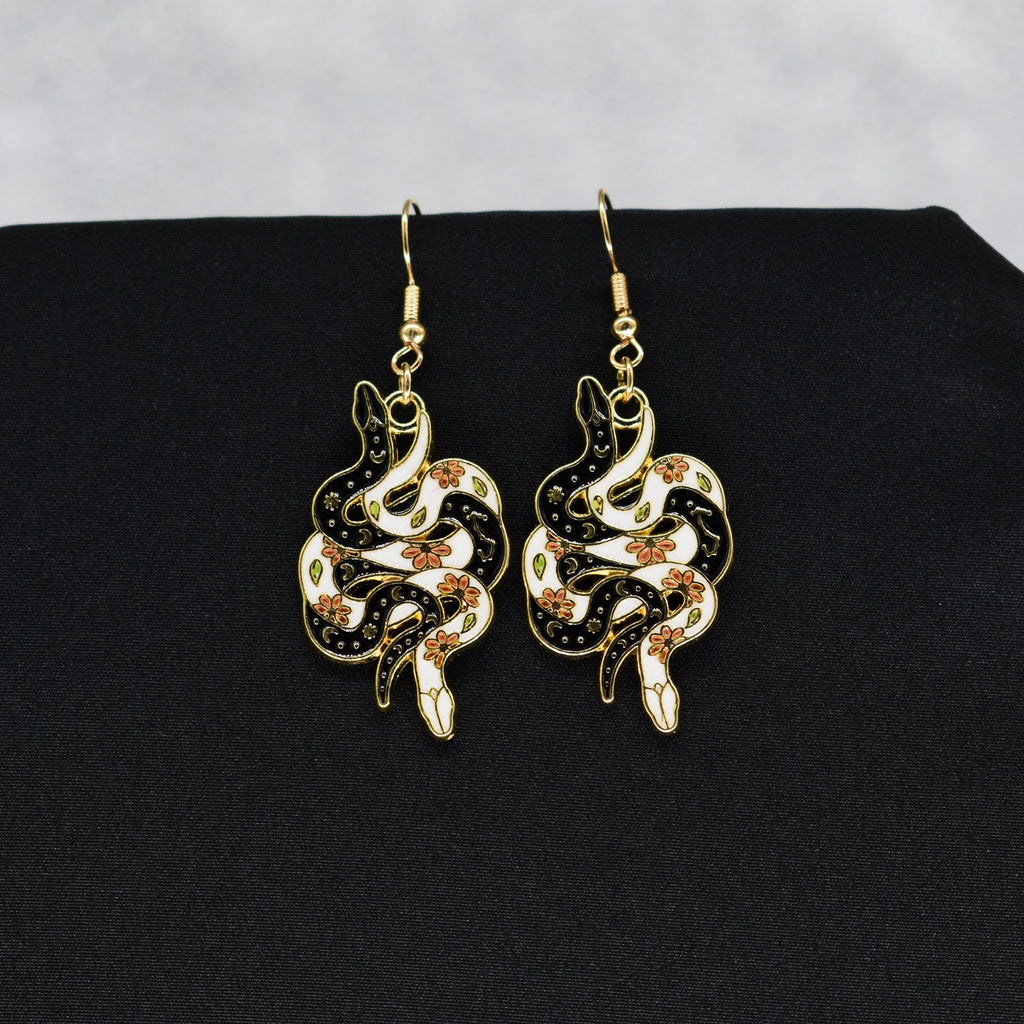 Bohemian Snake Black and White Gold Hook Earrings