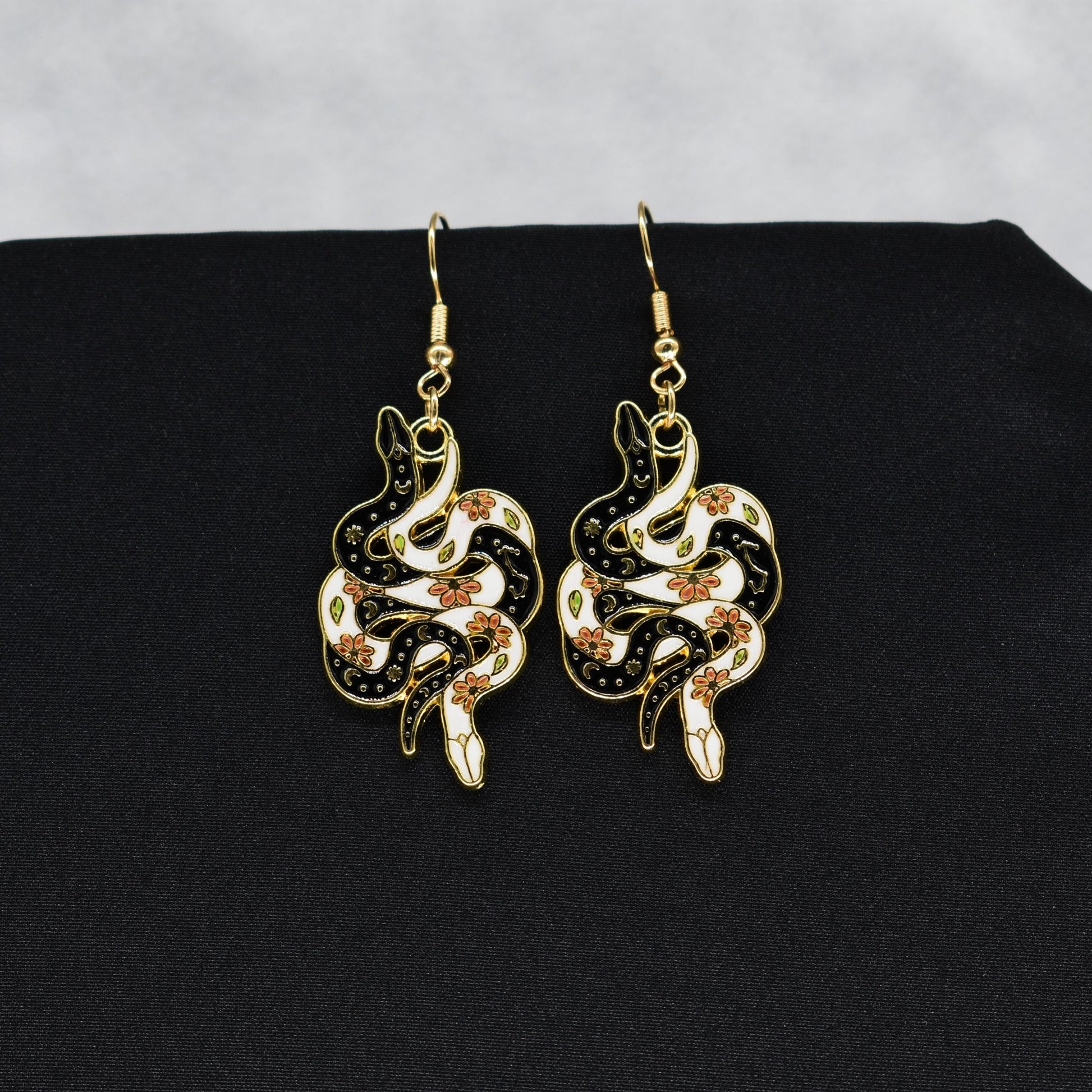 Bohemian Snake Black and White Gold Hook Earrings