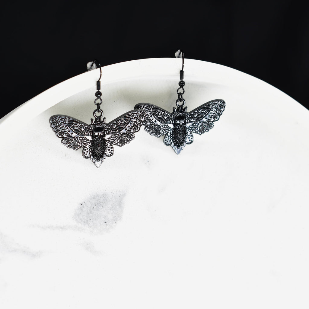 Skull Moth Black Hook Earrings
