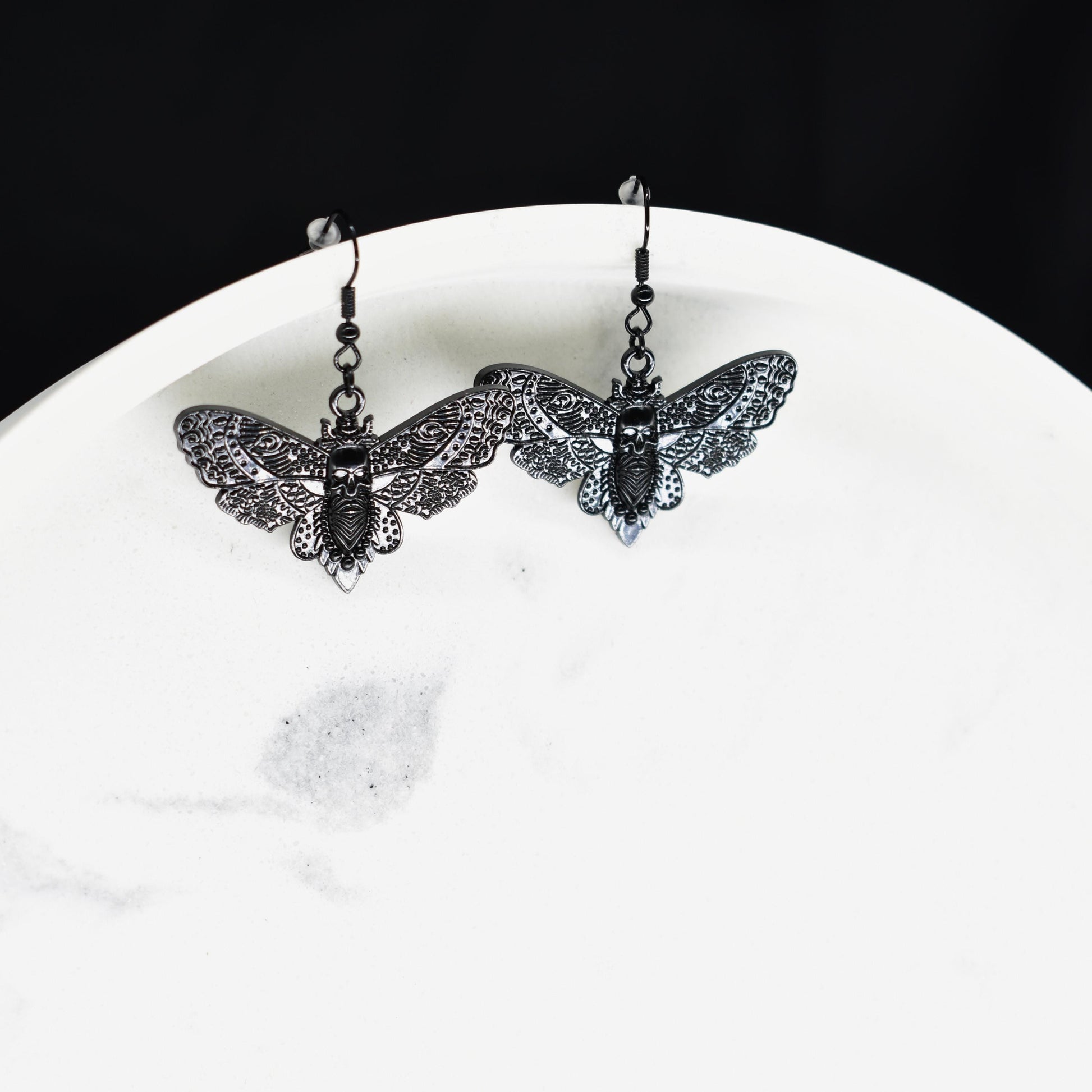 Skull Moth Black Hook Earrings