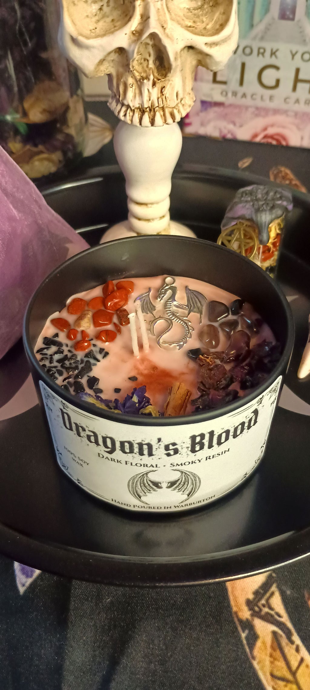Dragons Blood Candle Jar | Herb & Crystal Infused | Red Japser Tourmaline Smoky Quartz | Cinnamon Rose