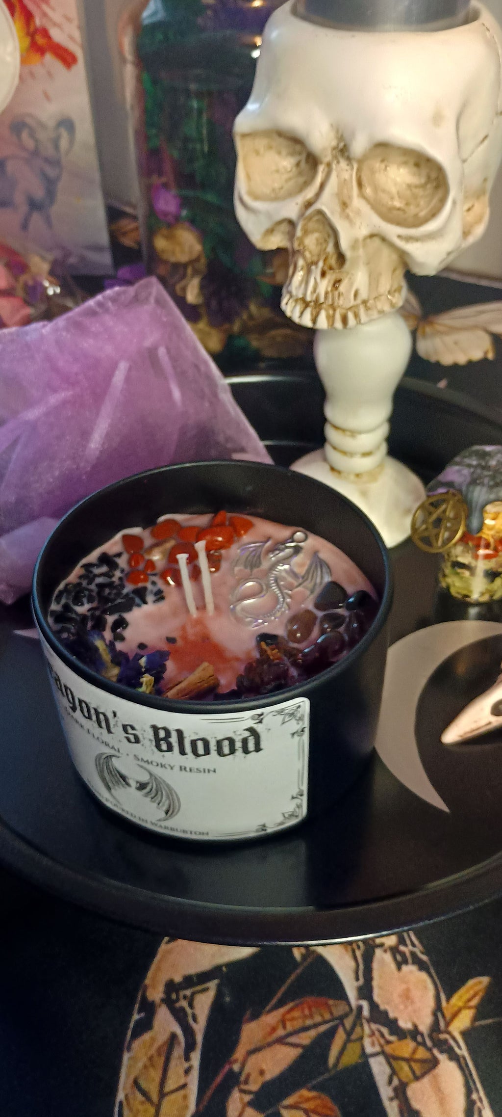 Dragons Blood Candle Jar | Herb & Crystal Infused | Red Japser Tourmaline Smoky Quartz | Cinnamon Rose