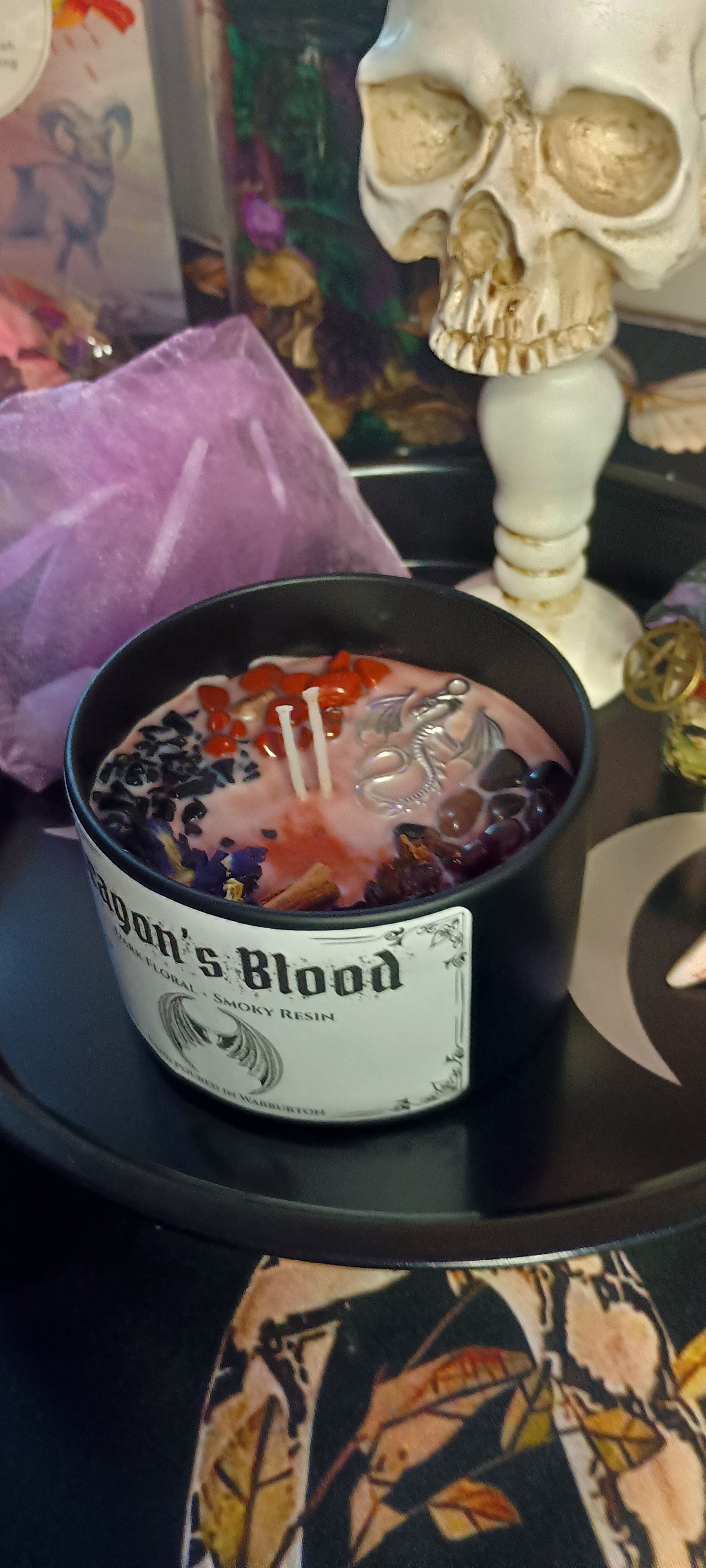 Dragons Blood Candle Jar | Herb & Crystal Infused | Red Japser Tourmaline Smoky Quartz | Cinnamon Rose