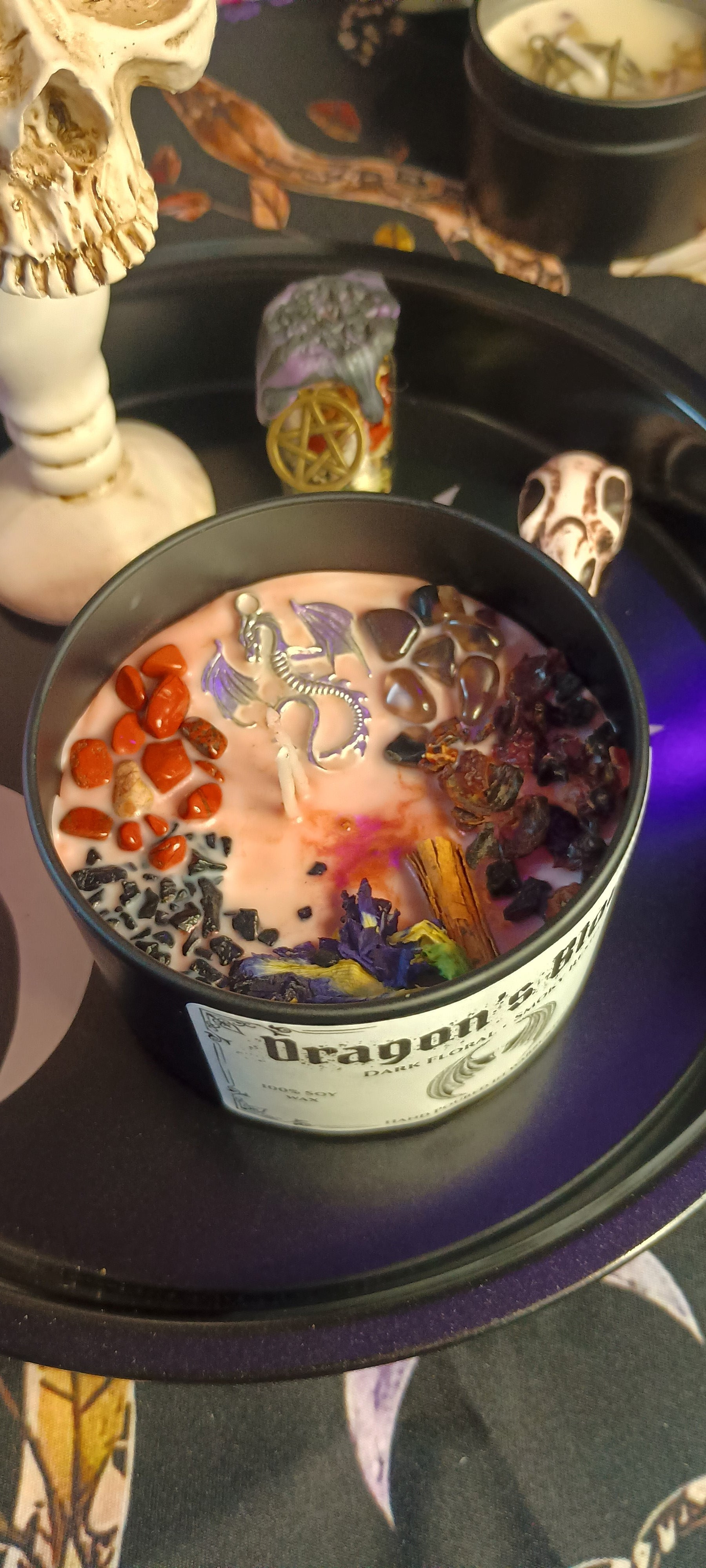 Dragons Blood Candle Jar | Herb & Crystal Infused | Red Japser Tourmaline Smoky Quartz | Cinnamon Rose